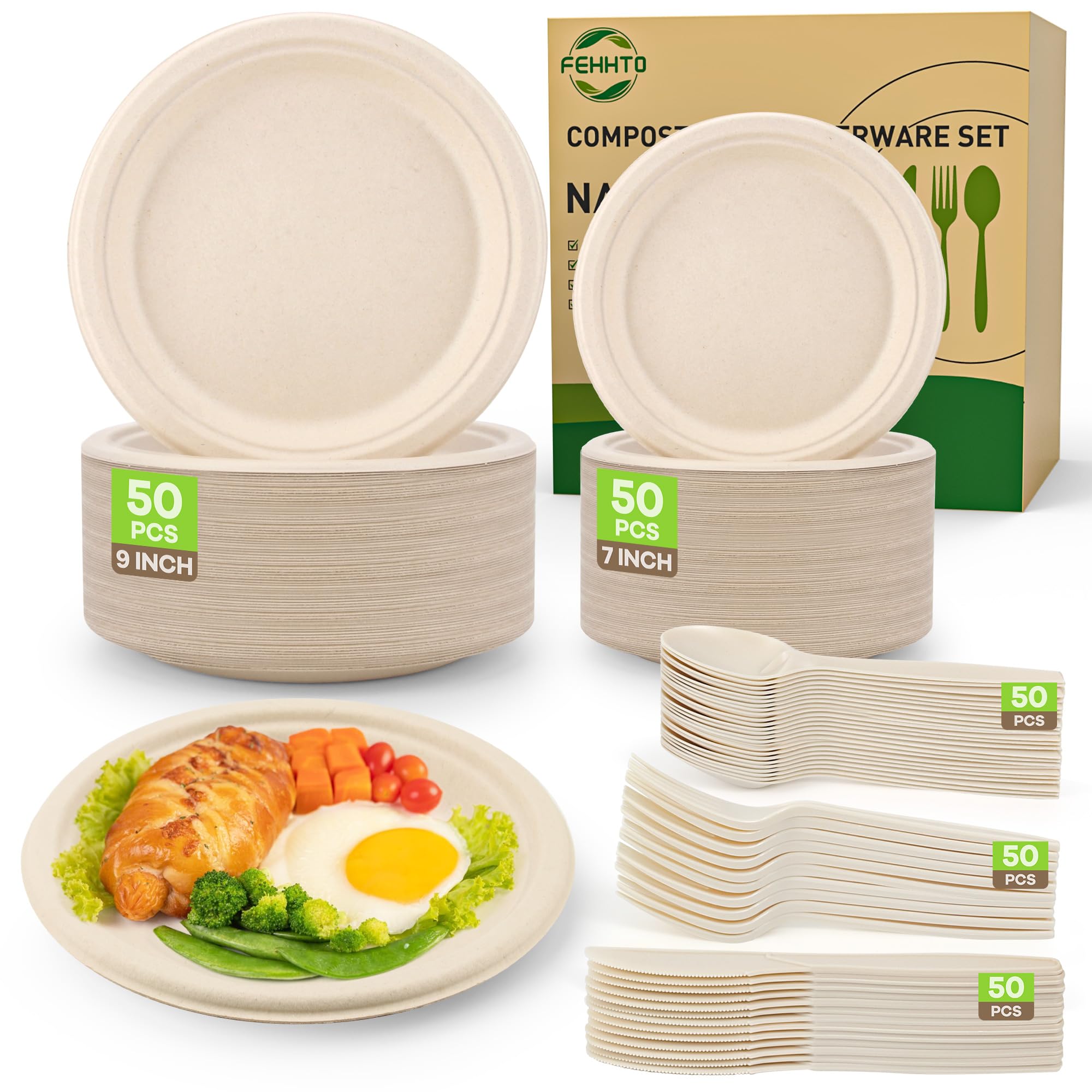 Compostable Paper Plates Set, 250PCS Disposable Heavy-Duty Sugarcane Plate and Eco-Friendly Utensil Biodegradable Dinnerware Plates, Extra Long Forks & Knives & Spoons for Party