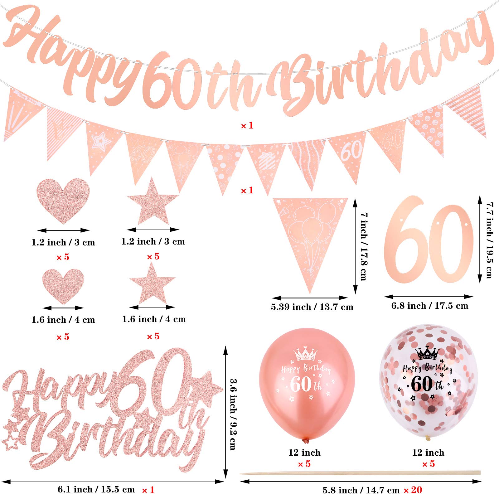 ADXCO Rose Gold 60th Birthday Decorations Kit Include Rose Gold Happy