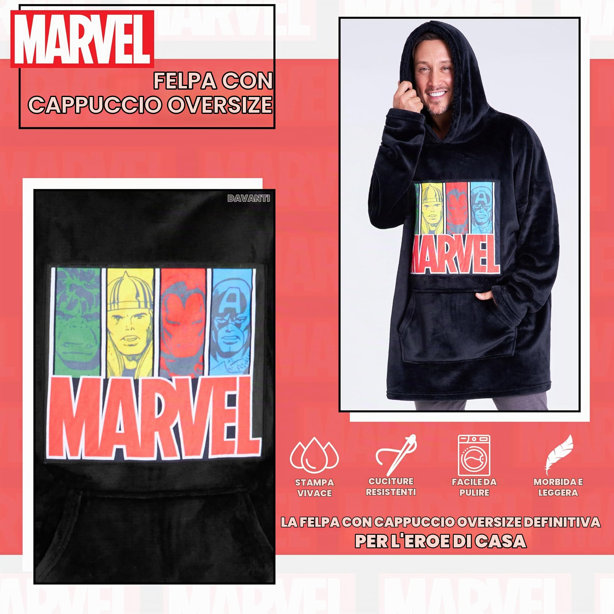 Get Trend Marvel Felpa Uomo con Cappuccio - Felpe Oversize Uomo in Pile (Nero)