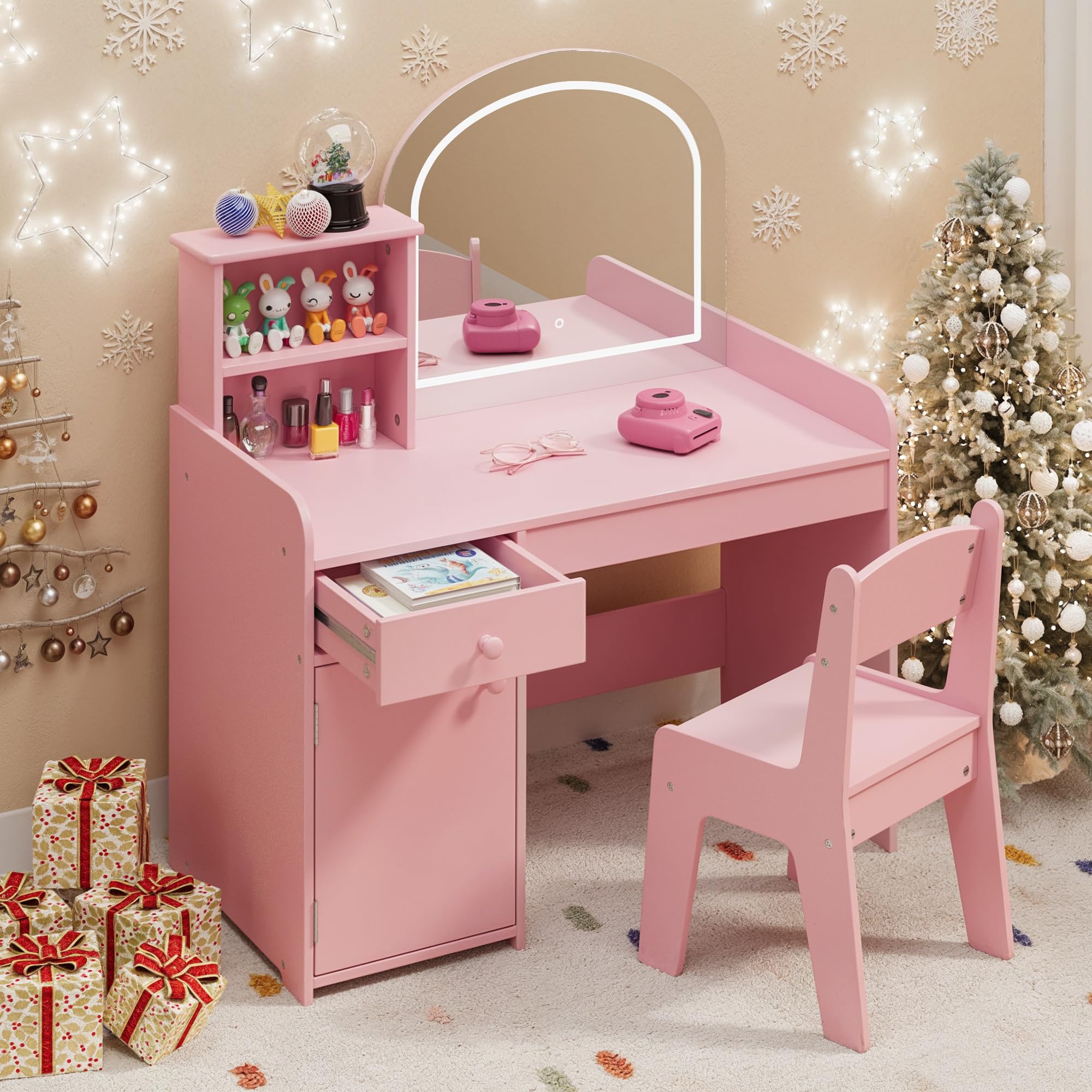 Gizoon Escritorio de tocador para niños con espejo y luces, color rosa