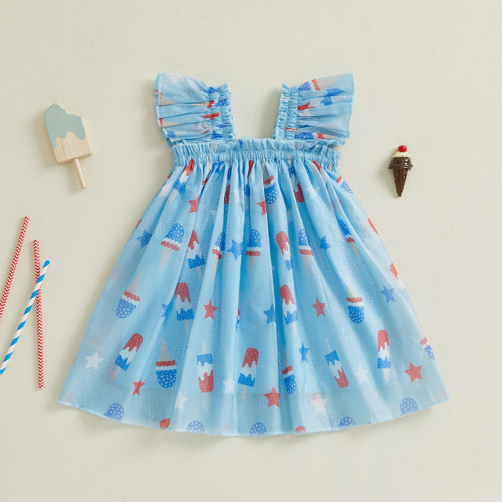 Toddler Baby Girl 4th of July Outfit Sleeveless Stars Stripes Bow Print Strap Tulle A-line Dress (Blue Popsicle, 6-12 Months)