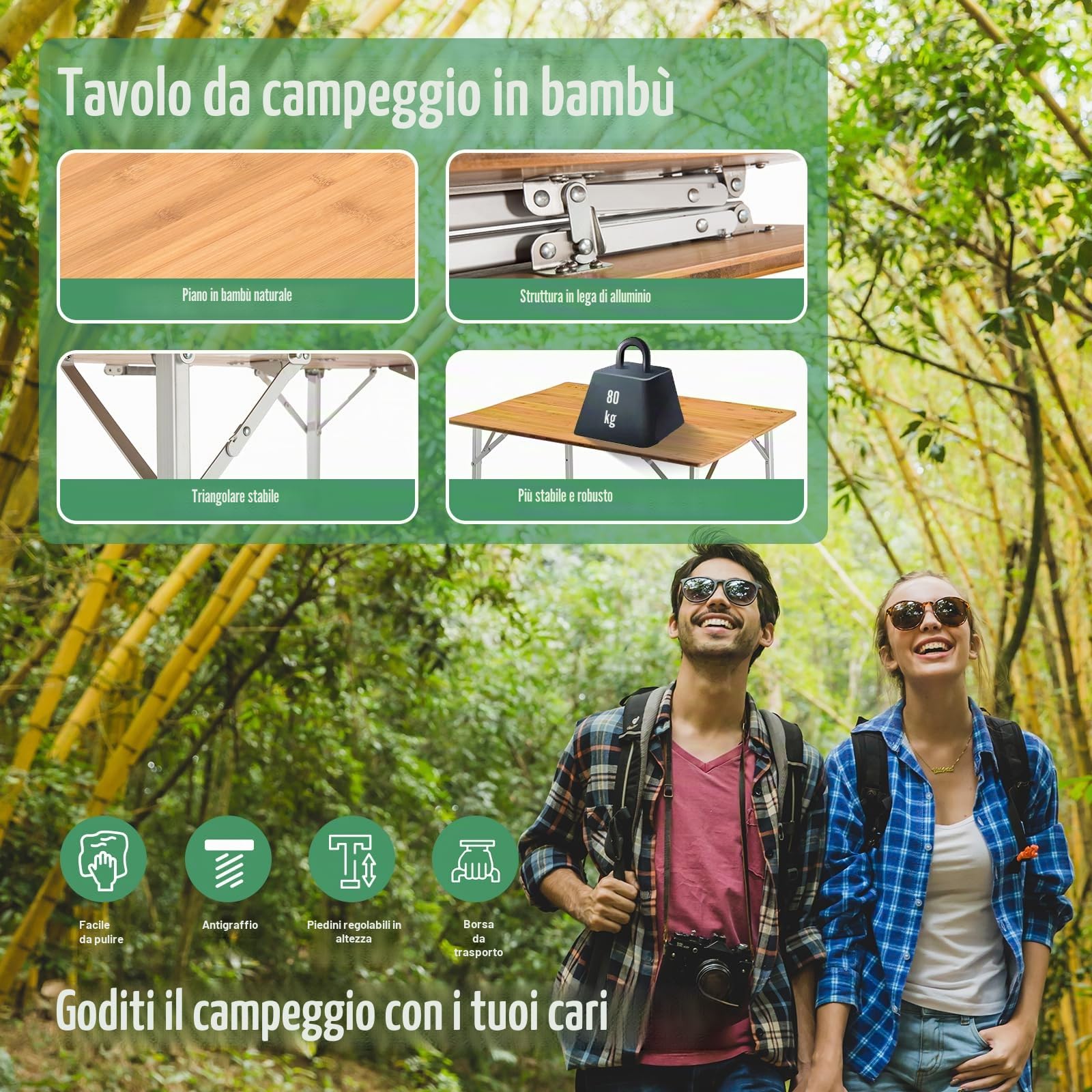 KingCamp Tavolo Pieghevole 100x65x45/52/65cm in Bamboo Regolabile in Altezza, da Esterno, Interno, Portatile, Salvaspazio, da Campeggio, Arrotolabile, Balcone Giardino Picnic