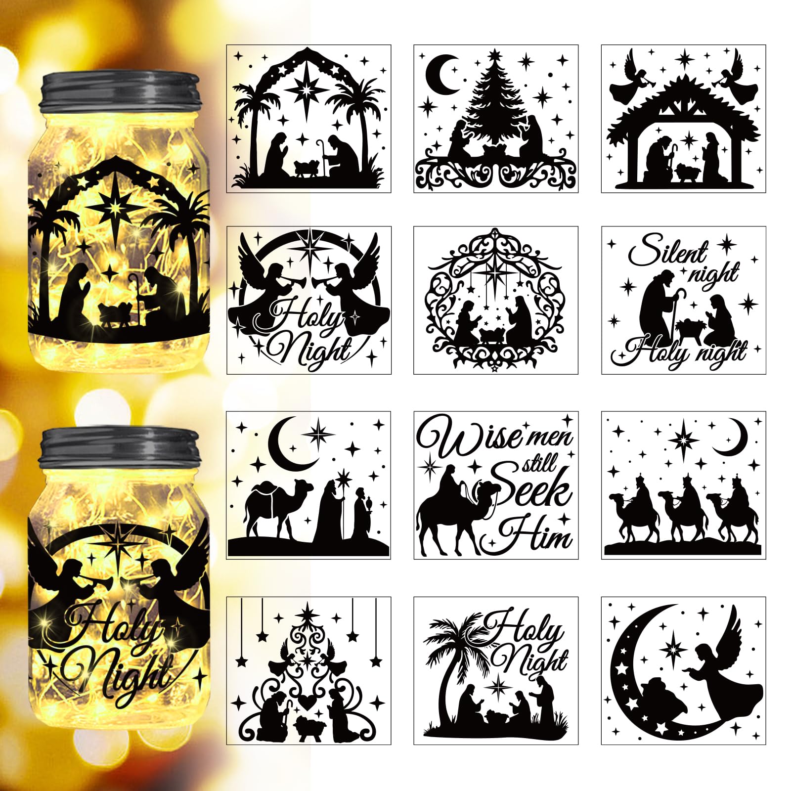 Peacoblue Nativity Silhouette Mason Jar Decor, Lantern Cutouts 12PCS