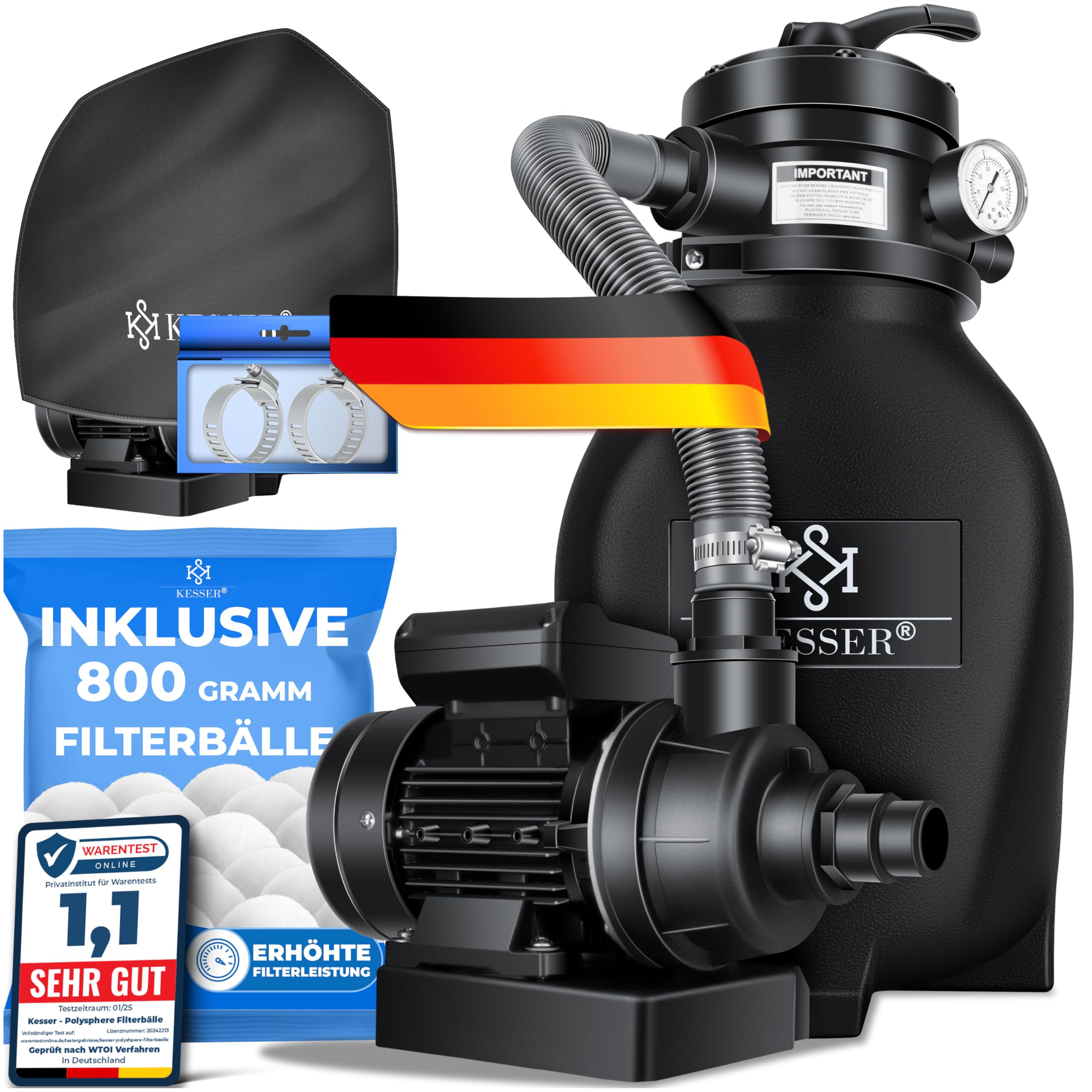 KESSER® Sandfilter Sandfilteranlage+ 800g Filterbälle ersetzen 25kg Filtersand-Poolfilter 10 m³/h Filteranlage Filterkessel für Pool Schwimmbecken 4-Wege Ventil,einfache Steuerung,Inkl. Cover, Schwarz