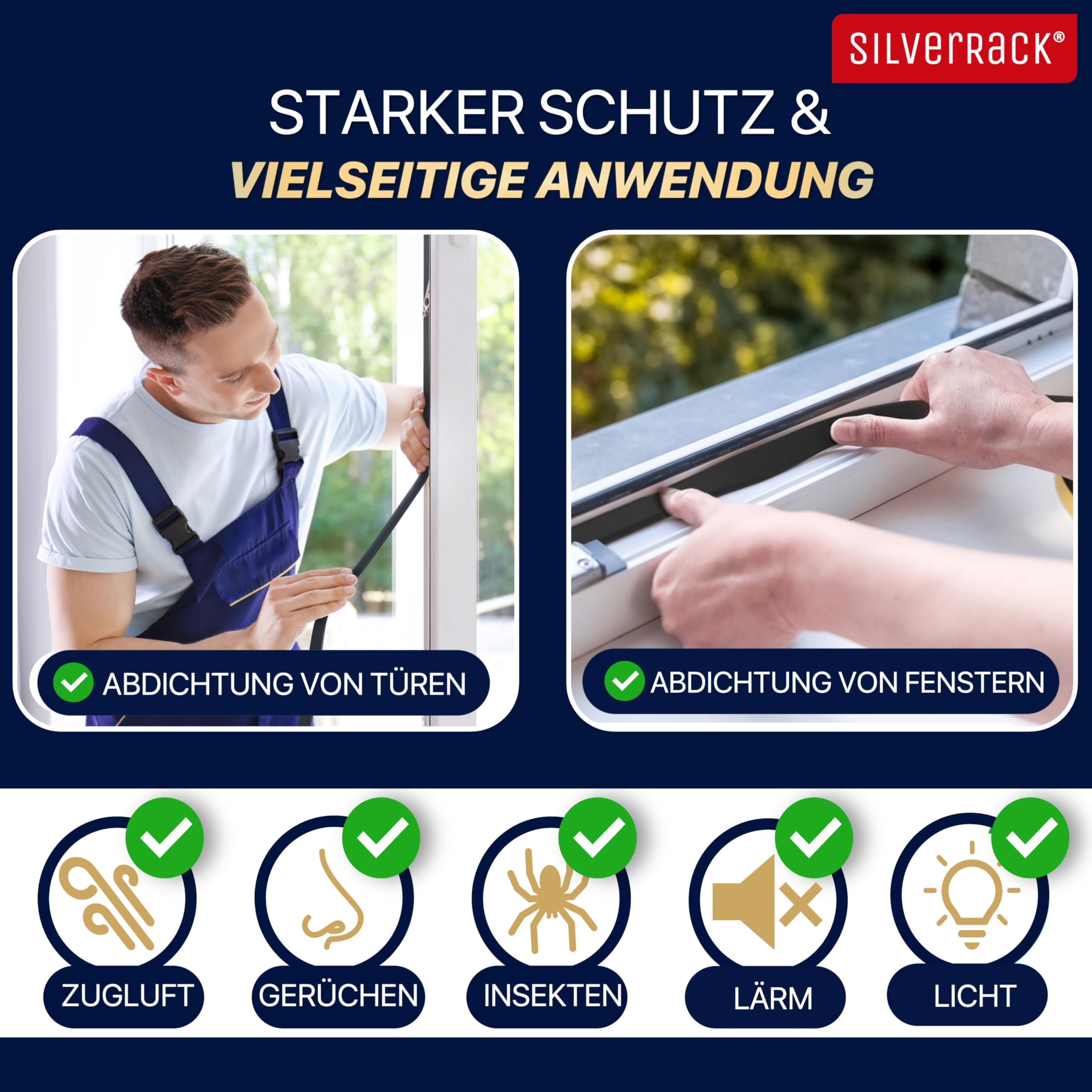 SilverRack Guarnizione autoadesiva per porta, 15 m, colore nero, 6 mmx1.5 mm, 3 rotoli da 5 m, paraspifferi per risparmiare sui costi di riscaldamento