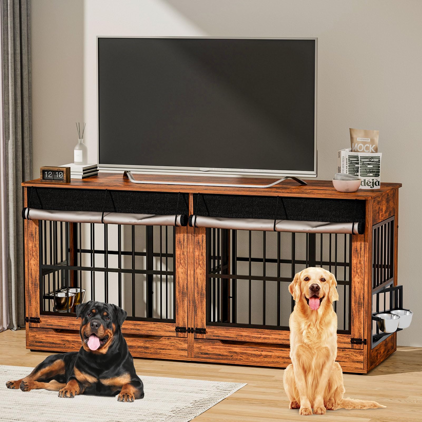 78" Double Dog Crate Furniture with Divider, Thick Wooden Indoor Dog Kennel Furniture with Swivel Bowls for 2 Dogs, Decorative Pet Cage for Extra Large Breed, Vintage Brown