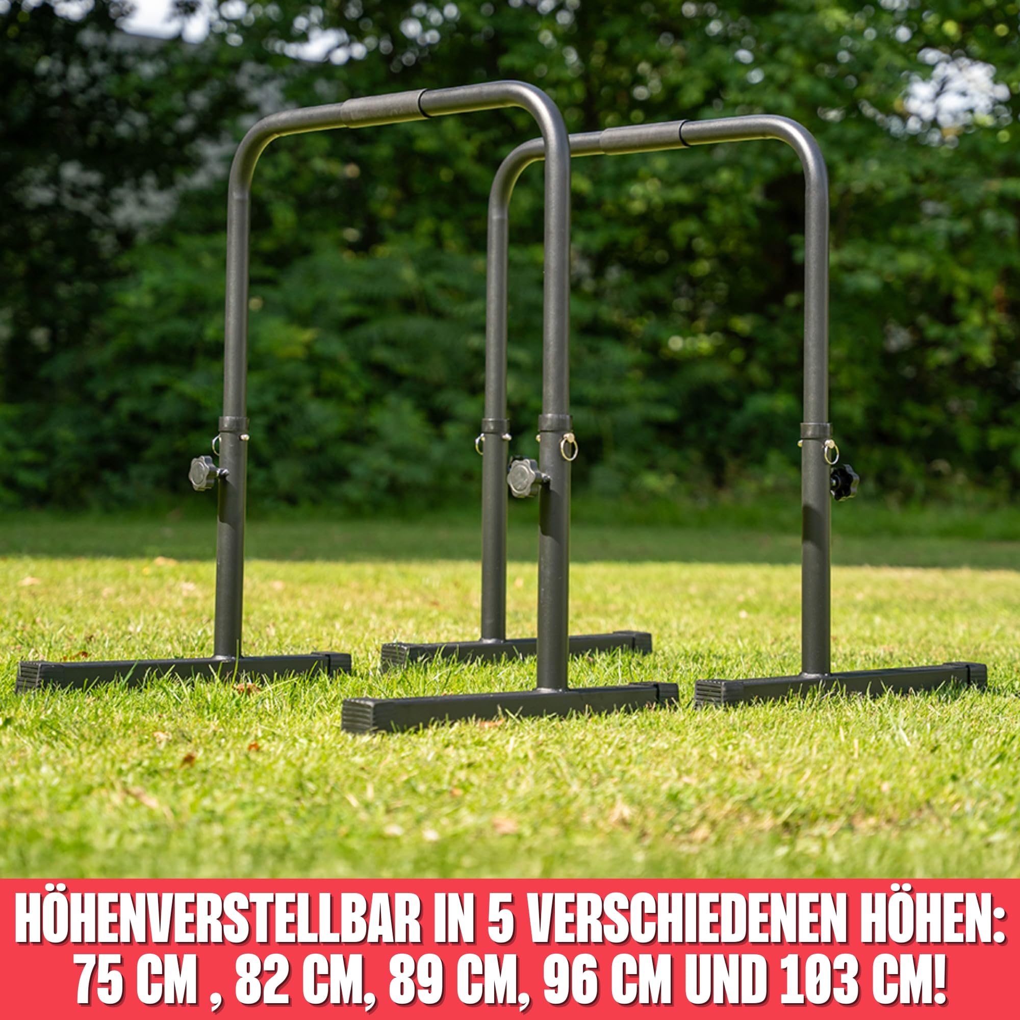MATCHU - Verstellbare Dip Barren - Parallettes - Verstellbar in 75, 82, 89, 96 und 103 cm - 2er Set - Komfortabler Griff mit Rutschfesten Schaumstoffgriffen - Stahl - Schwarz