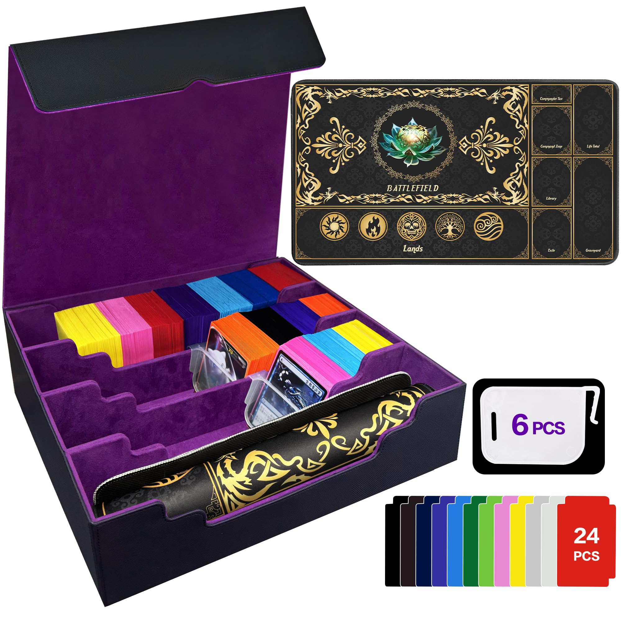 PROMAXIBINDER Trading Card Storage Box Fits 4000+ Cards, 4-Row MTG Commander Deck Case with Playmat, 6 Movable Partitions 24 Dividers PU Leather Magnetic Closure, Magic/TCG/YuGiOh/Sport (Black&Purple)