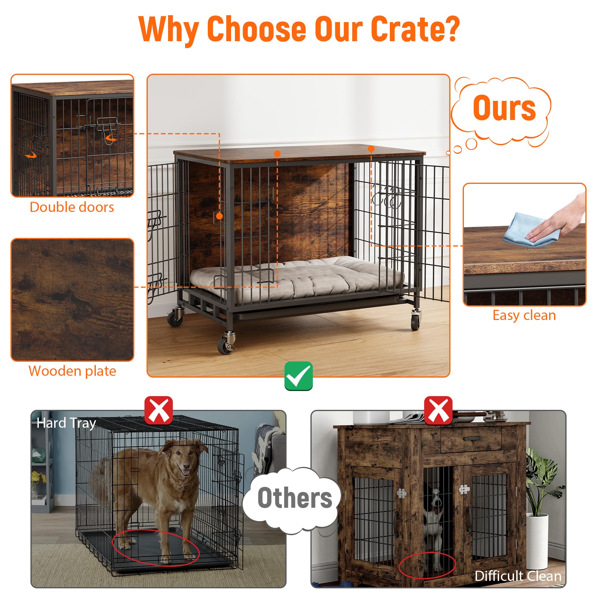 Cage pour chien, meuble, avec 2 portes et 4 roues, 83 x 56 x 64 cm, niche moderne d'intérieur avec surface de table en bois et table d'appoint amovible en métal pour chiens de taille moyenne et petite