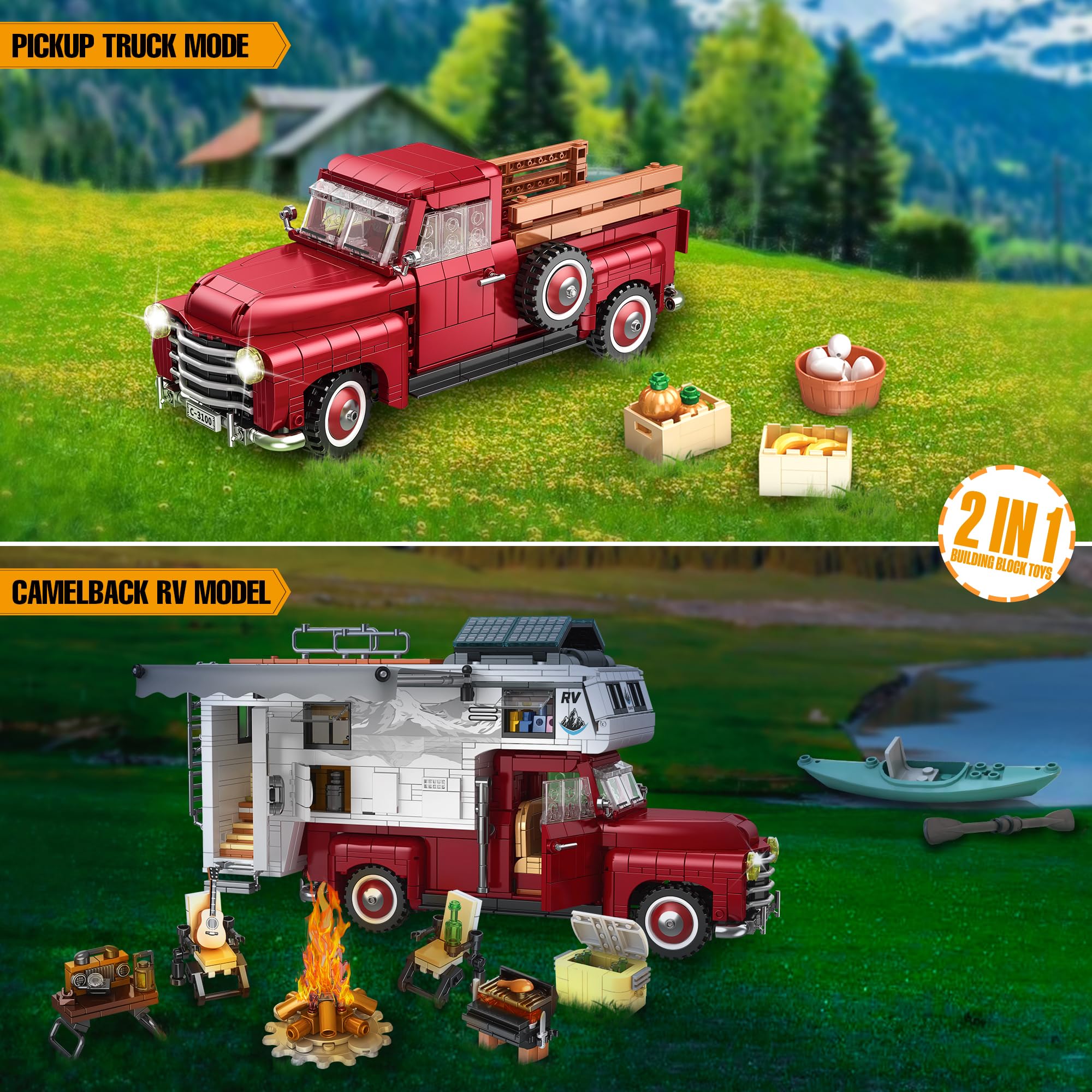 Car Building Block, 2-in-1 Camper Van Building and Farm Pickup Truck Building Set Toy for Adult, Retro Rvs Building Block Kit Set, 2188pcs