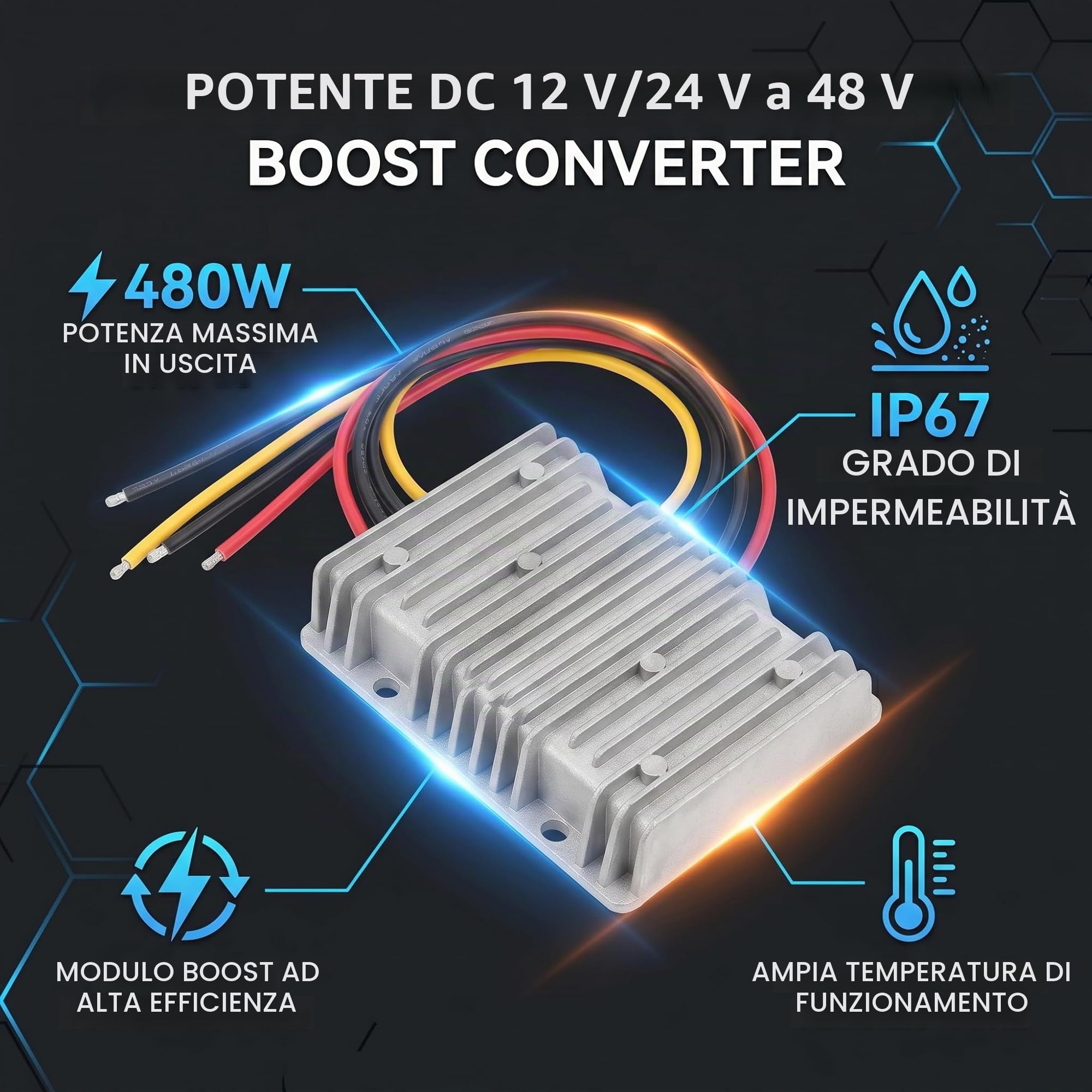 Convertitore DC-DC Step Up Boost, regolatore di tensione impermeabile ad alta potenza da 480 W, trasformatore da 12 V/24 V a 48 V/10 A per sistemi di sicurezza dei veicoli.