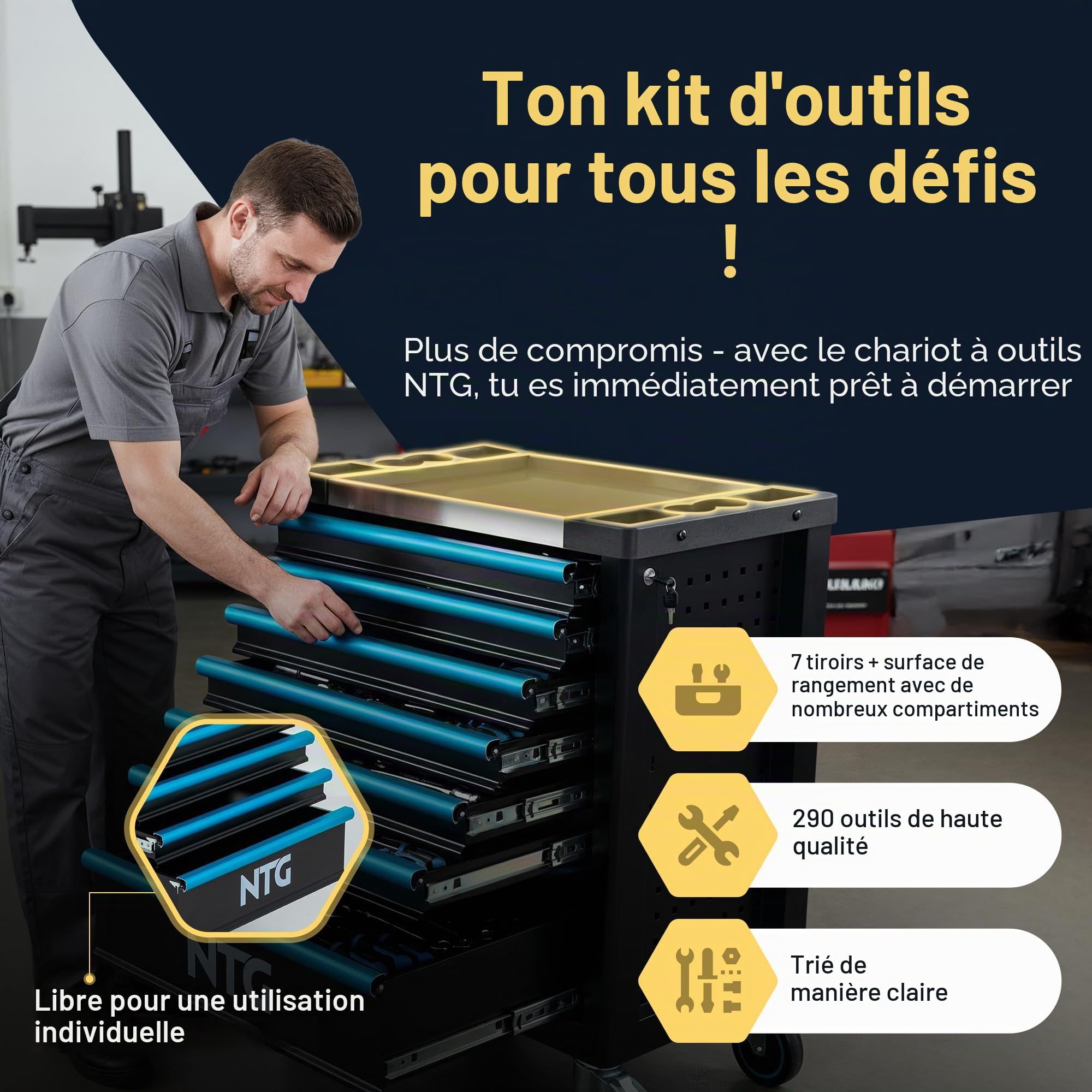 NTG Chariot à outils 7 tiroirs avec 290 pièces d’outil – Servante d’atelier avec verrouillage central, verrouillable, mobile sur roulettes – Coffre à outils professionnel sur roues pour atelier et