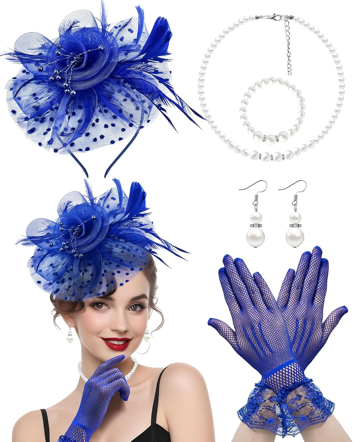 1920s Vintage Fascinators Hat Set for Women Tea Party Hats Veil Mesh Feather Headband Lace Gloves Set
