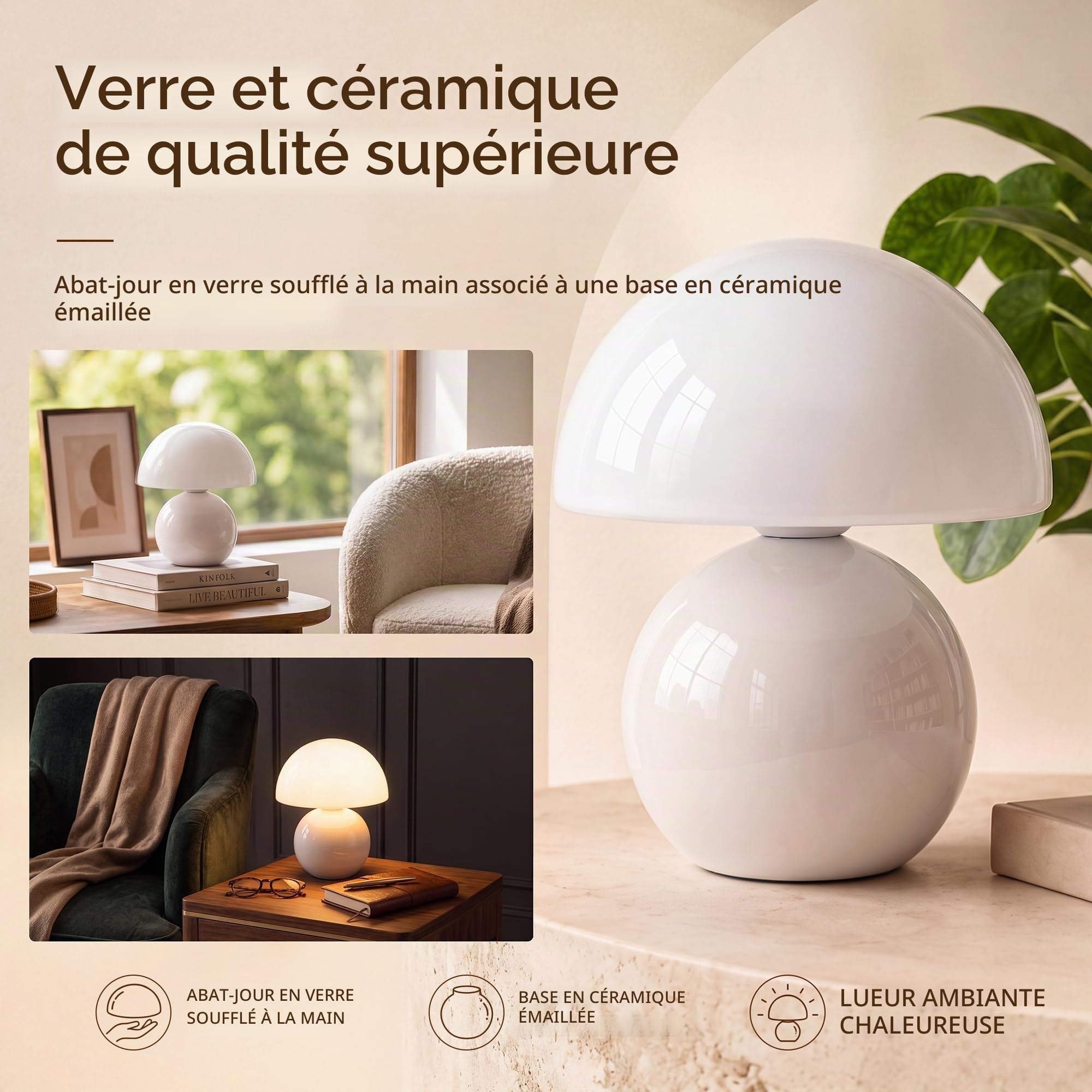 Dawnwake Lampe de table champignon en céramique - Petite lampe de chevet en verre pour chambre, salon, chambre d'enfant, veilleuse unique et esthétique pour filles