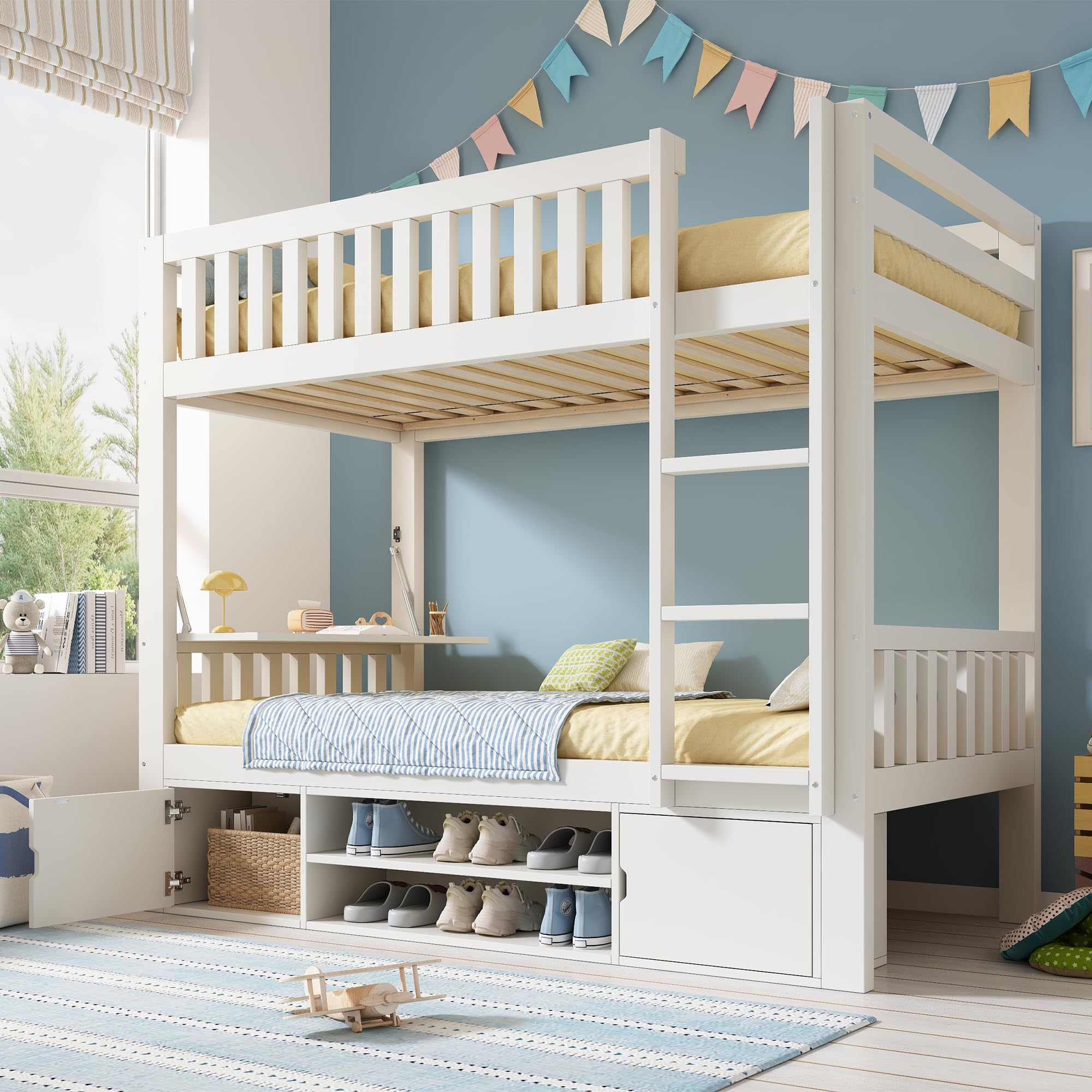 Litera de Estilo Moderno como Cama Alta o Loft Bed con Superior e Inferior de 90x200 cmen Estructura de Madera Maciza con Mesa Plegable, Zapatero y Armarios para Hogar