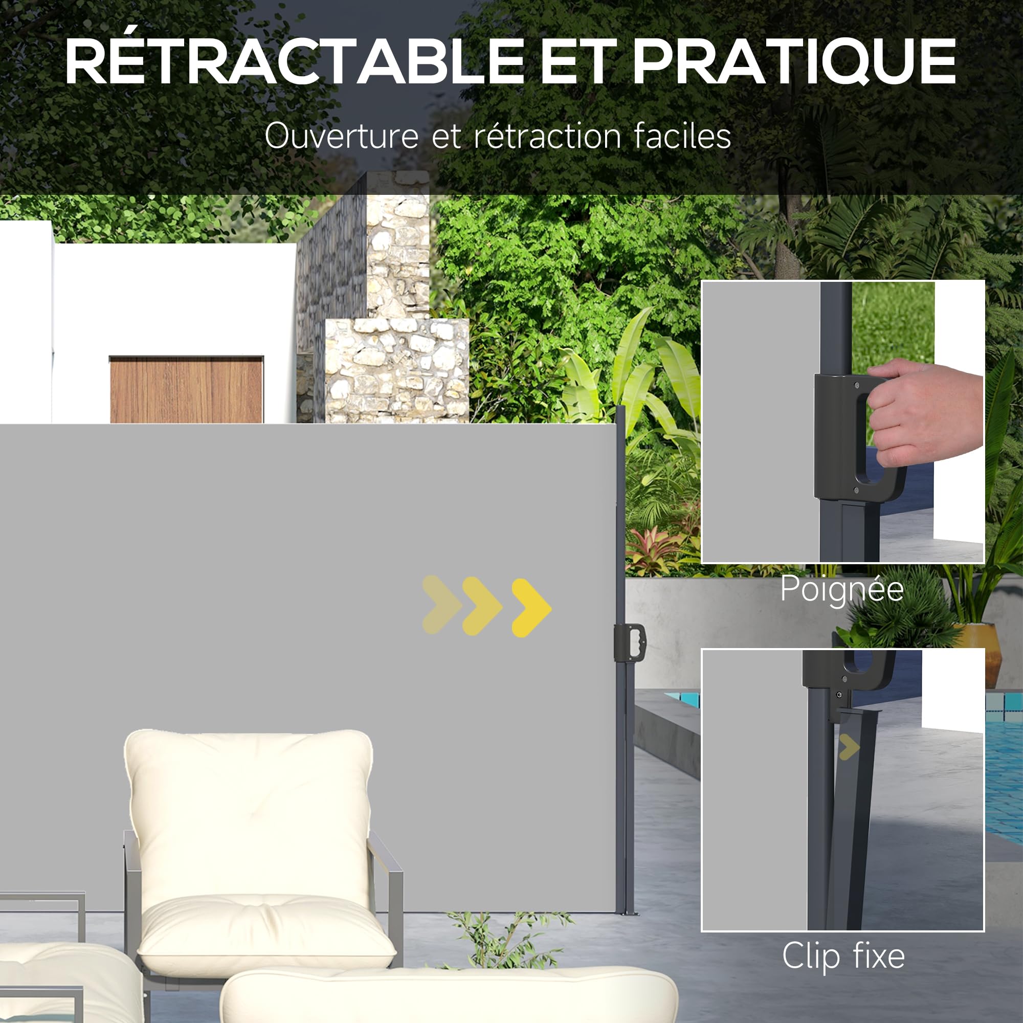Outsunny Store latéral Brise-Vue paravent rétractable de Jardin dim. 4L x 1,80H m alu. Polyester Anti-UV Haute densité 180 g/m² Gris Clair