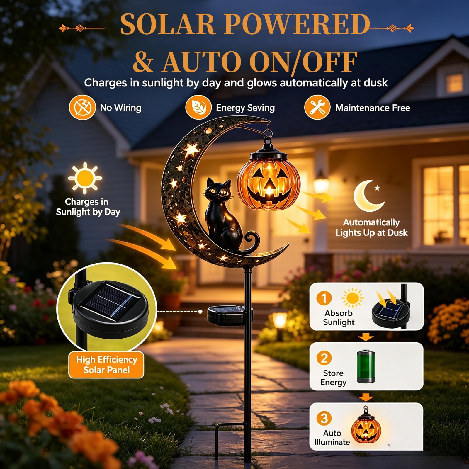 Lampada Solare da Giardino a Forma di Gatto Nero per Halloween, da Appendere a Forma di Zucca o Luna | Lampada da Giardino a Forma di Zucca e Luna, in Metallo Resistente alle intem