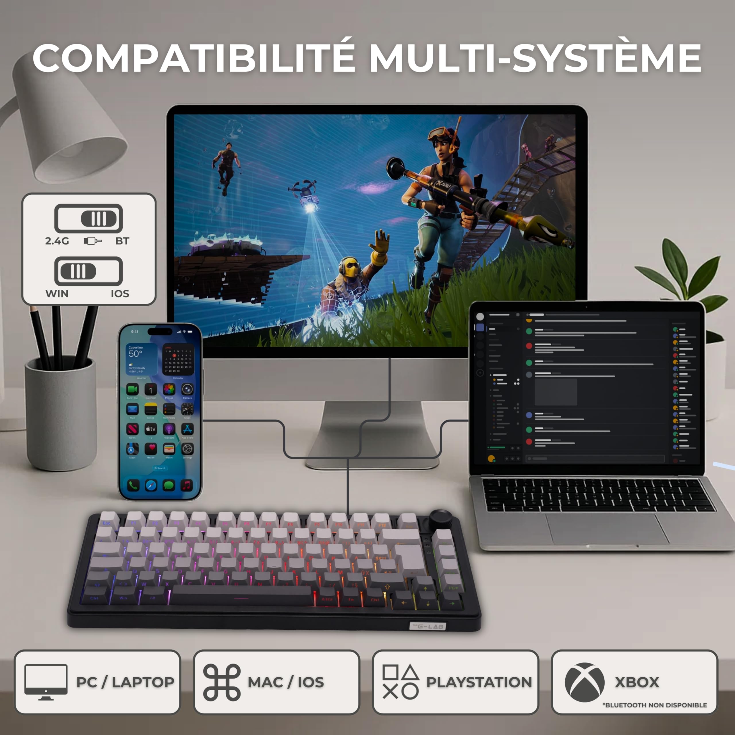 The G-Lab KEYZ Elite 300 GRG - Clavier Gamer sans Fil TKL Tri Mode 2.4 Ghz/Bluetooth/Filaire - Clavier Mécanique Hot Swap, Switchs Pré-lubrifiés, Gravur Latéral, RGB+Macro - AZERTY FR - Windows/Mac