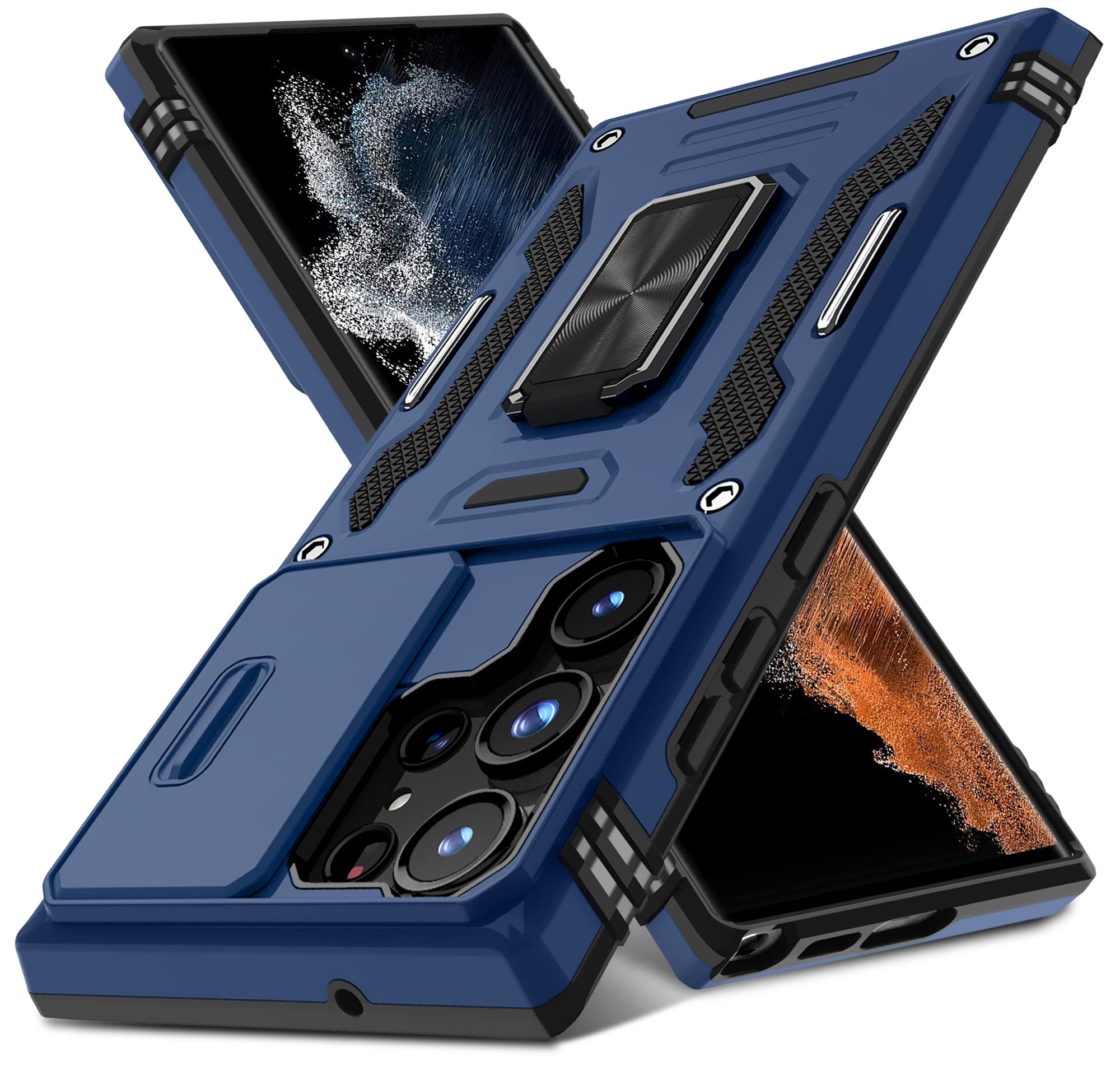 DEERLAMN Samsung Galaxy S23 Ultra Case with Slide Camera Cover Rotating Ring Kickstand Military Grade Shockproof Protective Cover for Samsung Galaxy S23 Ultra -