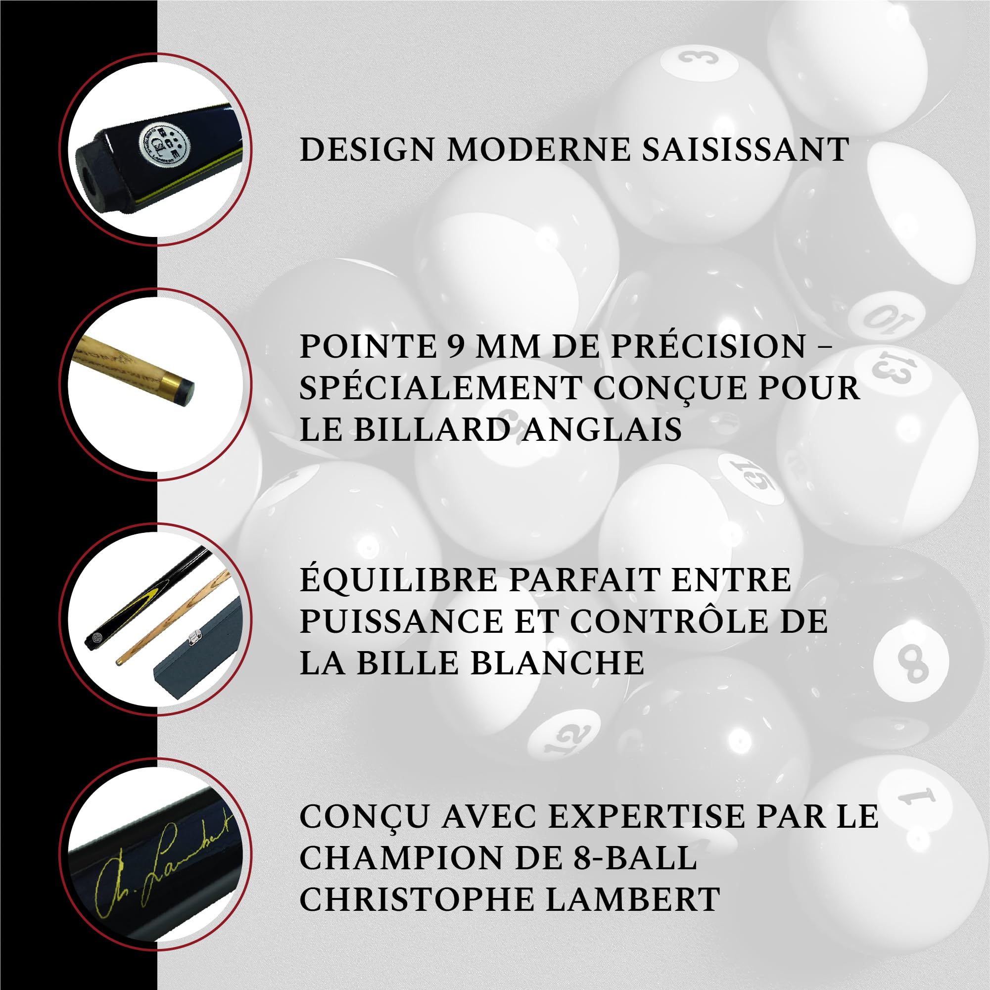 BCE Christophe Lambert Queue de Billard 8 Ball avec étui Unisexe, Noir/Bois Naturel, 57" (145cm)