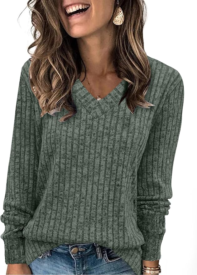 SAMPEEL V Neck Long Sleeve Shirts for Women Casual Fall Tops Lightweight Tunic Sweaters Fashion Clothes Loose Fit 2025