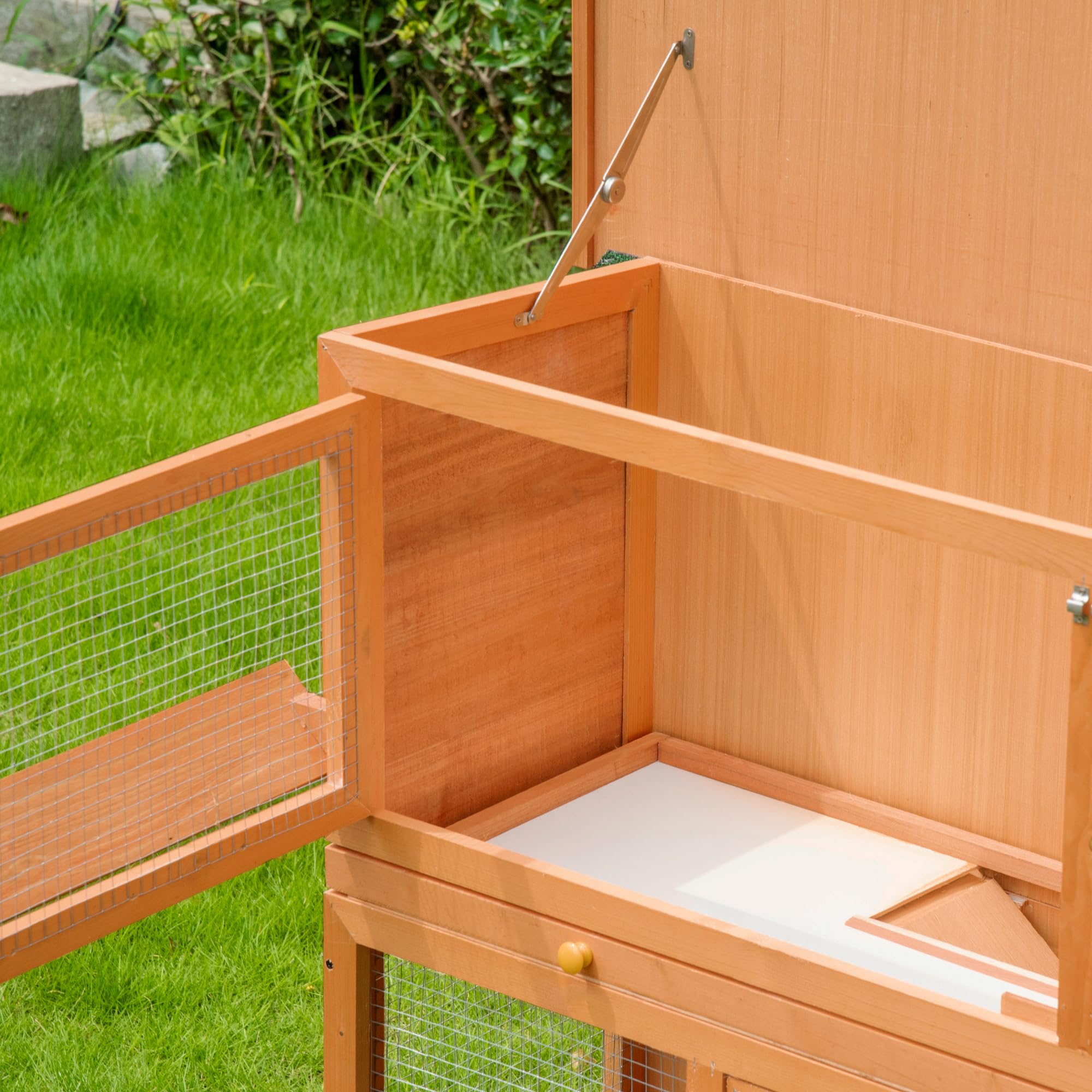 PawHut Conejera de Madera Exterior de 2 Niveles, Jaula para Conejos con Techo de Asfalto Abatible, Puertas, Rampa y 2 Bandejas Extraíbles, 120x48x100 cm, Madera Natural