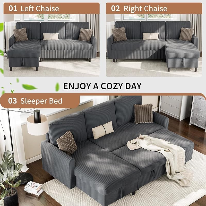 Walsunny 77 Inch Sectional Sleeper Sofa with Pull Out Bed, Modern L-Shaped Corduroy Convertible Couch with Storage Chaise, Reversible Sofa Bed for Small Spaces, Apartment, Black image 5