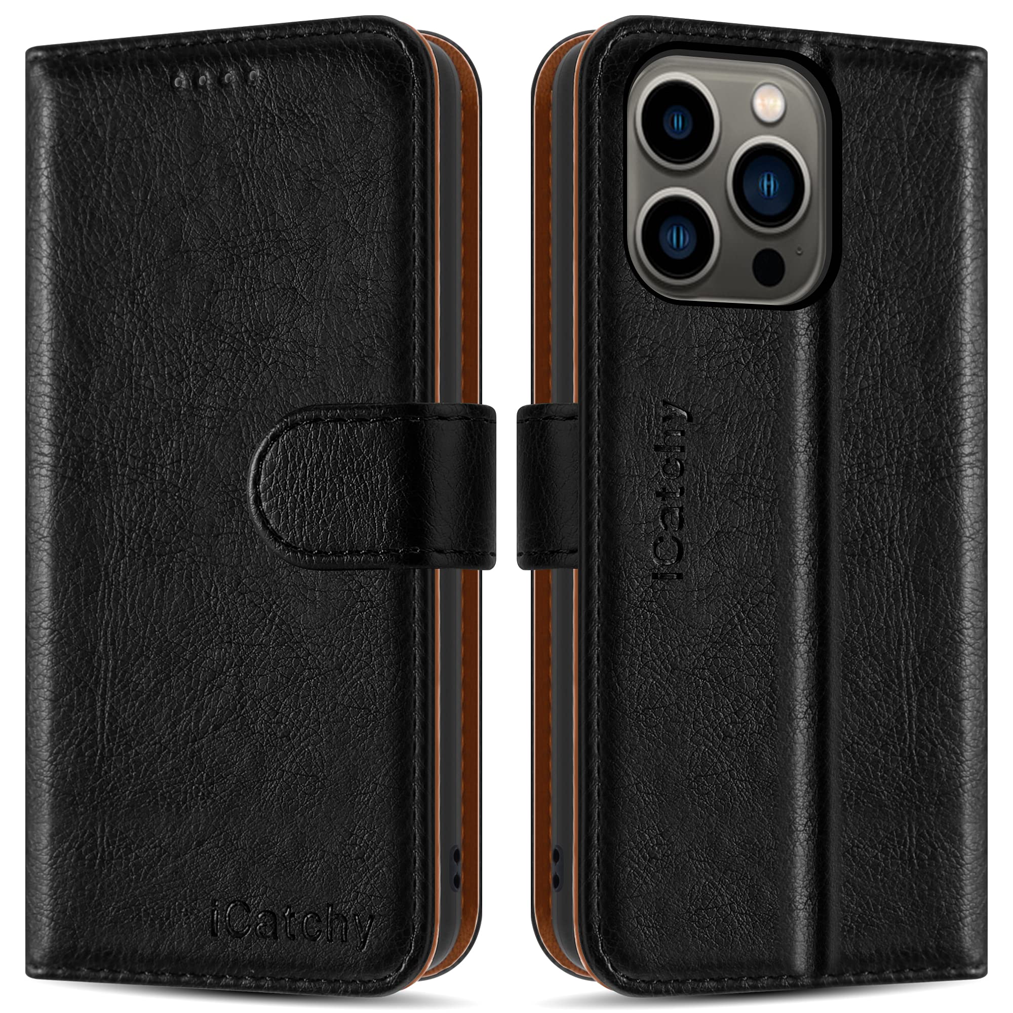 iCatchy for iPhone 13 Pro Max Case (6.7'') Leather Wallet Book Flip Folio Cover (Black)