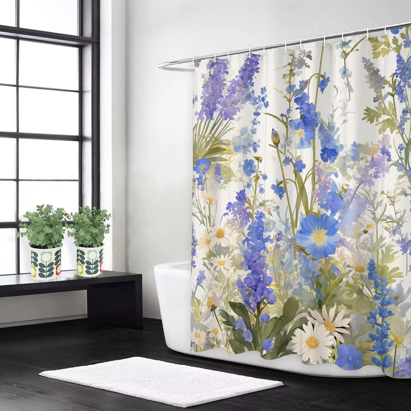 Rideau baignoire en tissu lavande pour une salle de bain zen