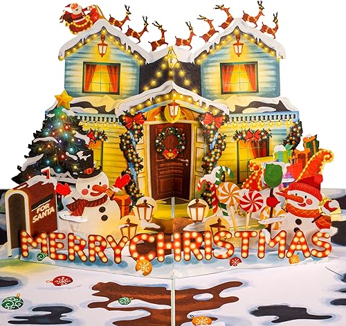 Paper Love Tarjeta de Navidad desplegable, casa decorada, para invierno, vacaciones, regalo de Navidad, cubierta de 5 x 7 pulgadas, incluye sobre y