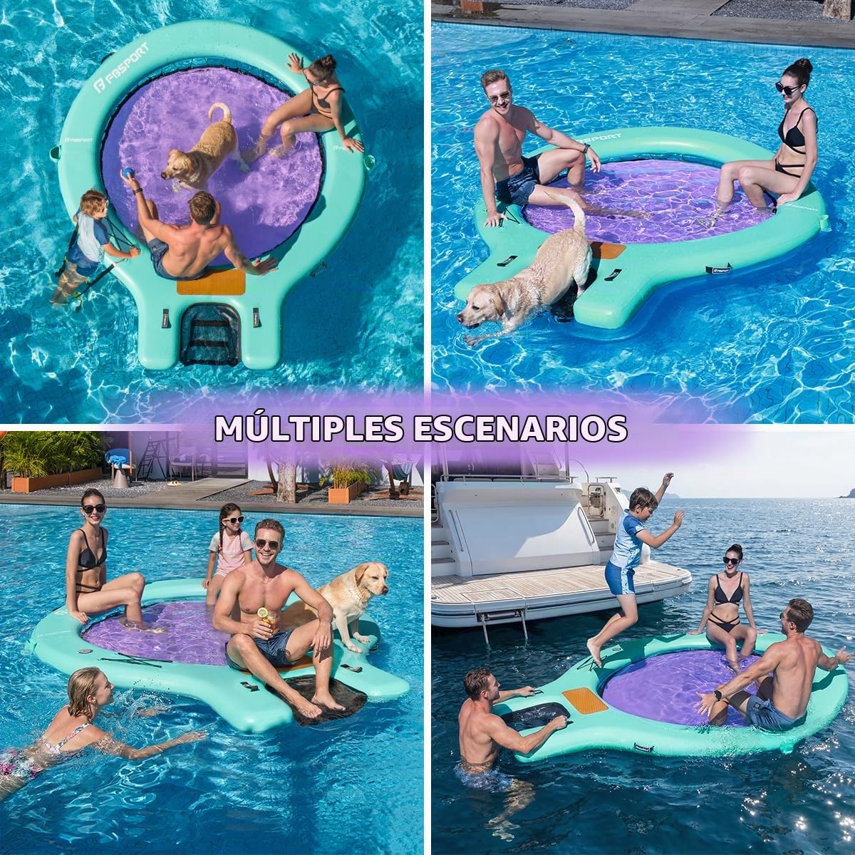 Sunchill Float Platform 240 cm Plataforma Flotante Hinchable para 3-5 Personas con Rampa para Perros, Muelle Tipo Anillo, Hamaca Acuática, Isla Flotante con Escalera, Piscina, Playa y Océano