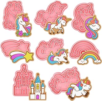 8 Pcs Unicorn Cookie Cutters with Plunger Stamps Set Rainbow Cookie Cutters Unicorn Cracker Mold Pink Cookie Stamped Embossed Kitchen Bakeware Tool for Biscuit Fondant Party Supply