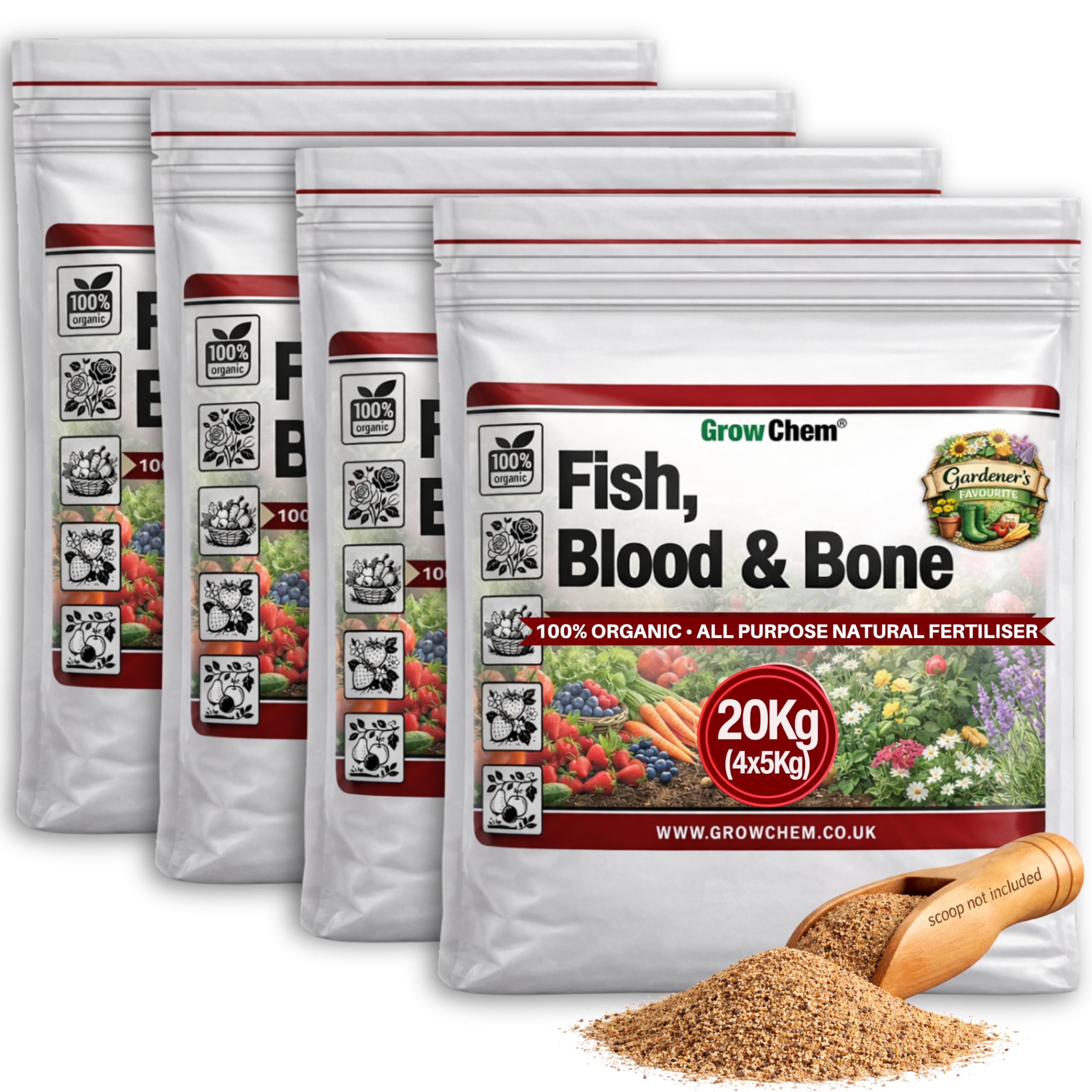 Grow Chem Fish, Blood &Bone Fertiliser- 20KG(4x5KG Resealable Bags)Multi-Purpose–Organic Fertiliser for Plants & Lawns – Nutrient-Packed,Easy-Apply Plant Food for Strong Healthy Produce,Flowers &Lawns