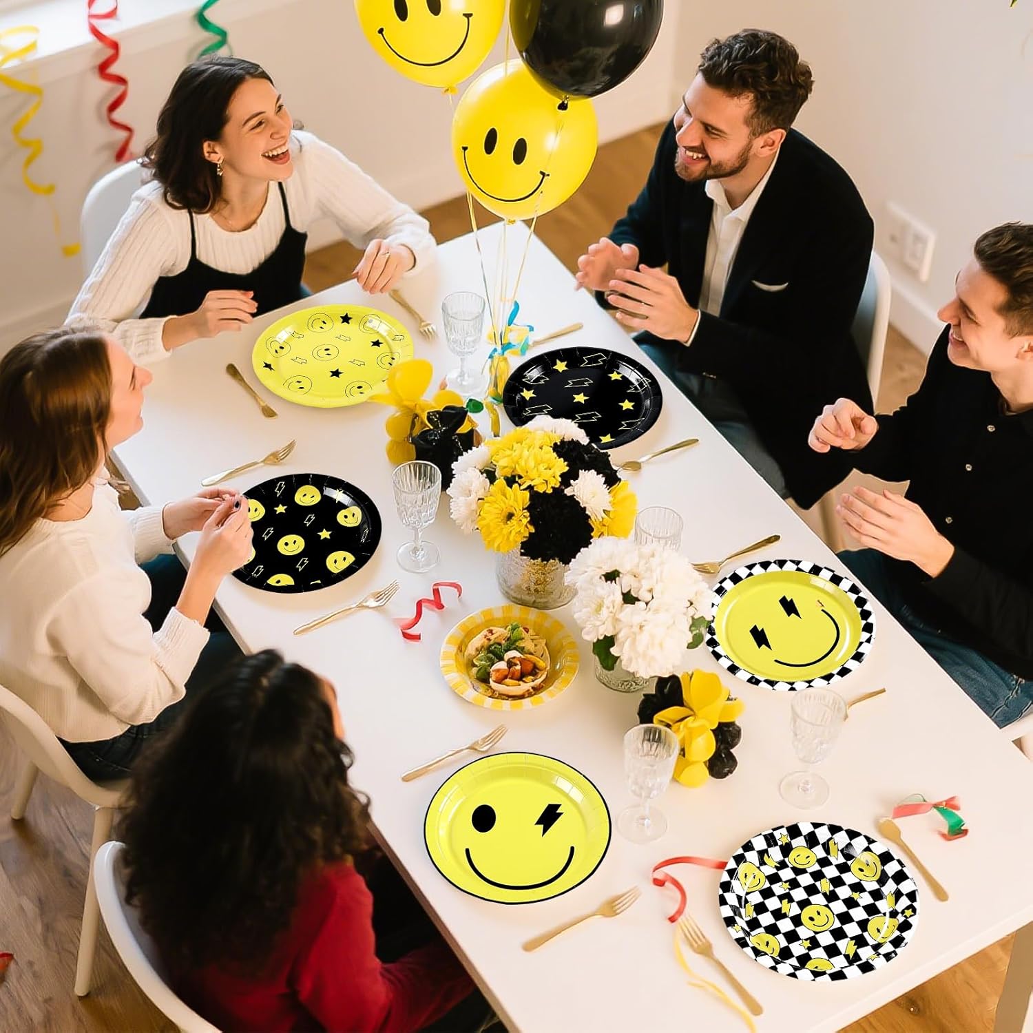 Grencian 60Pcs Smile Face Paper Plates 9" Disposable Heavy Duty Lightning Star Checkered Paper Platters Yellow Emoji Happy Dude Dessert Plates for Baby Shower Wedding Birthday Party Decorations