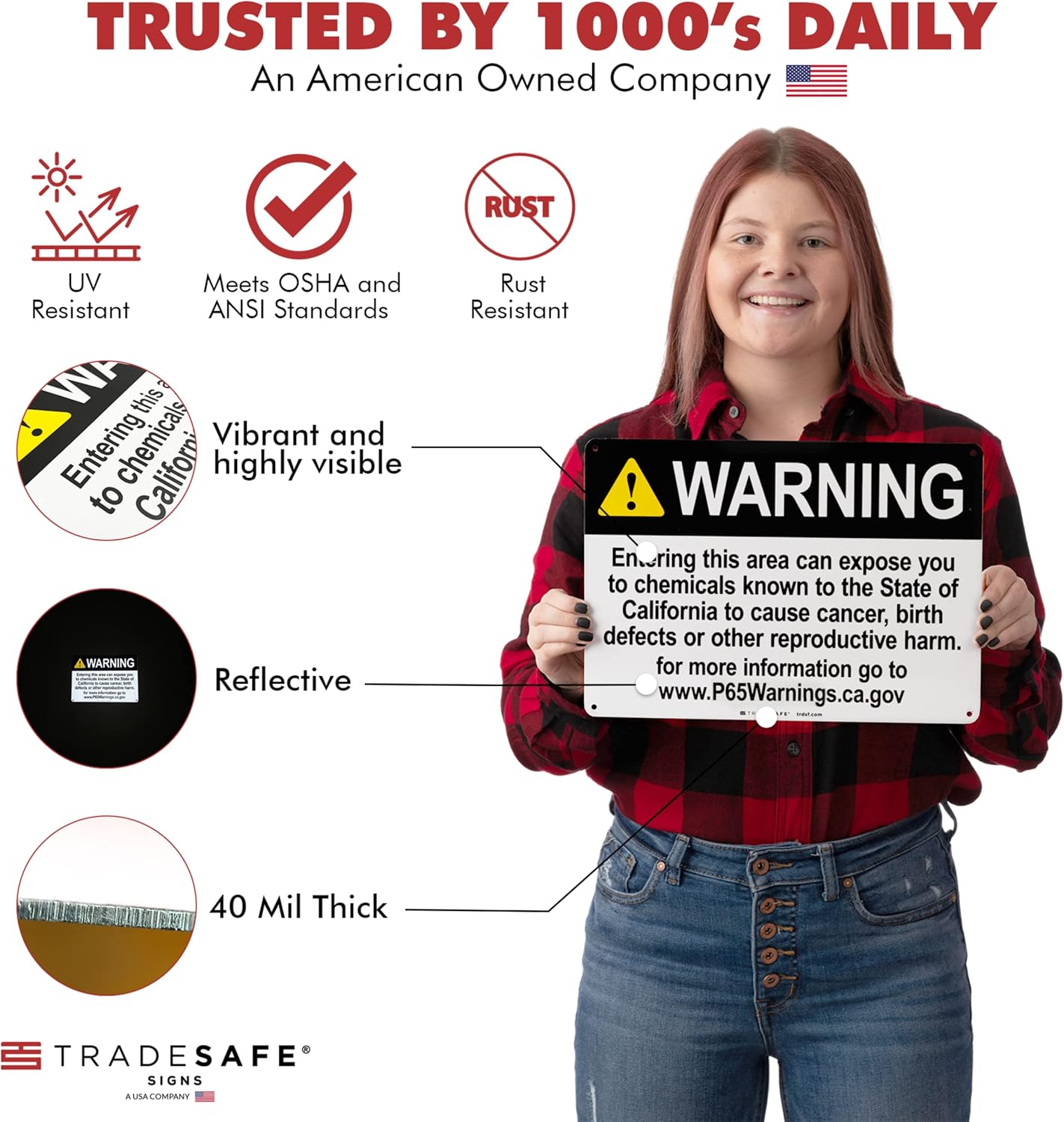 TRADESAFE Prop 65 Cancer and Reproductive Harm Warning Signs, Quick Install Aluminum Safety Sign, Light Reflective, UV-Resistant, Waterproof Signs for Business, 14” X 10” Proposition 65 Sign