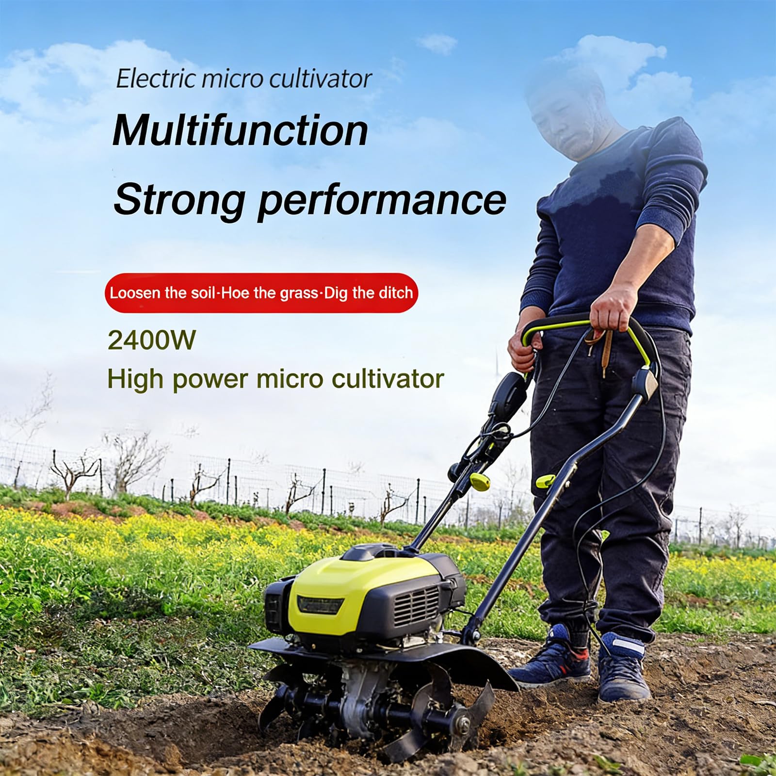 Generico Elettrico Coltivatore 2400 W, Diserbo con 3 Lame, Cavo di Prolunga, profondità di Lavorazione 22 Cm, Larghezza di Lavoro 45 Cm, Motozappa Multifunzionale per Giardino