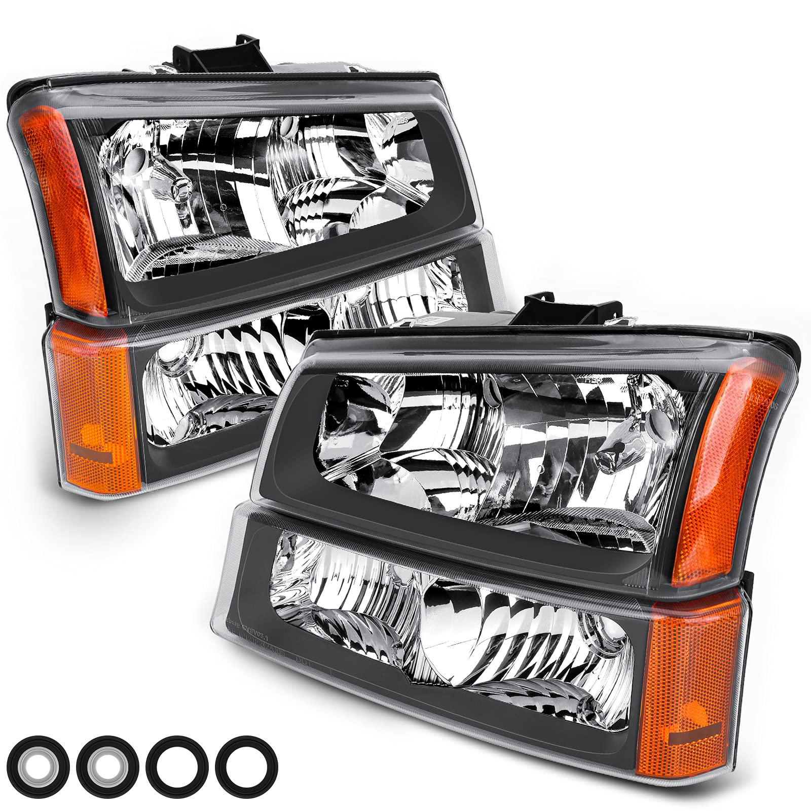 Photo 1 of POLLY WALES 2003-2006 Silverado Headlight Assembly Headlights for 2003 2004 2005 2006 Chevy Silverado 1500/2500/3500 Headlamp Replacement Left and Right - Black Housing Black Housing Amber Reflector