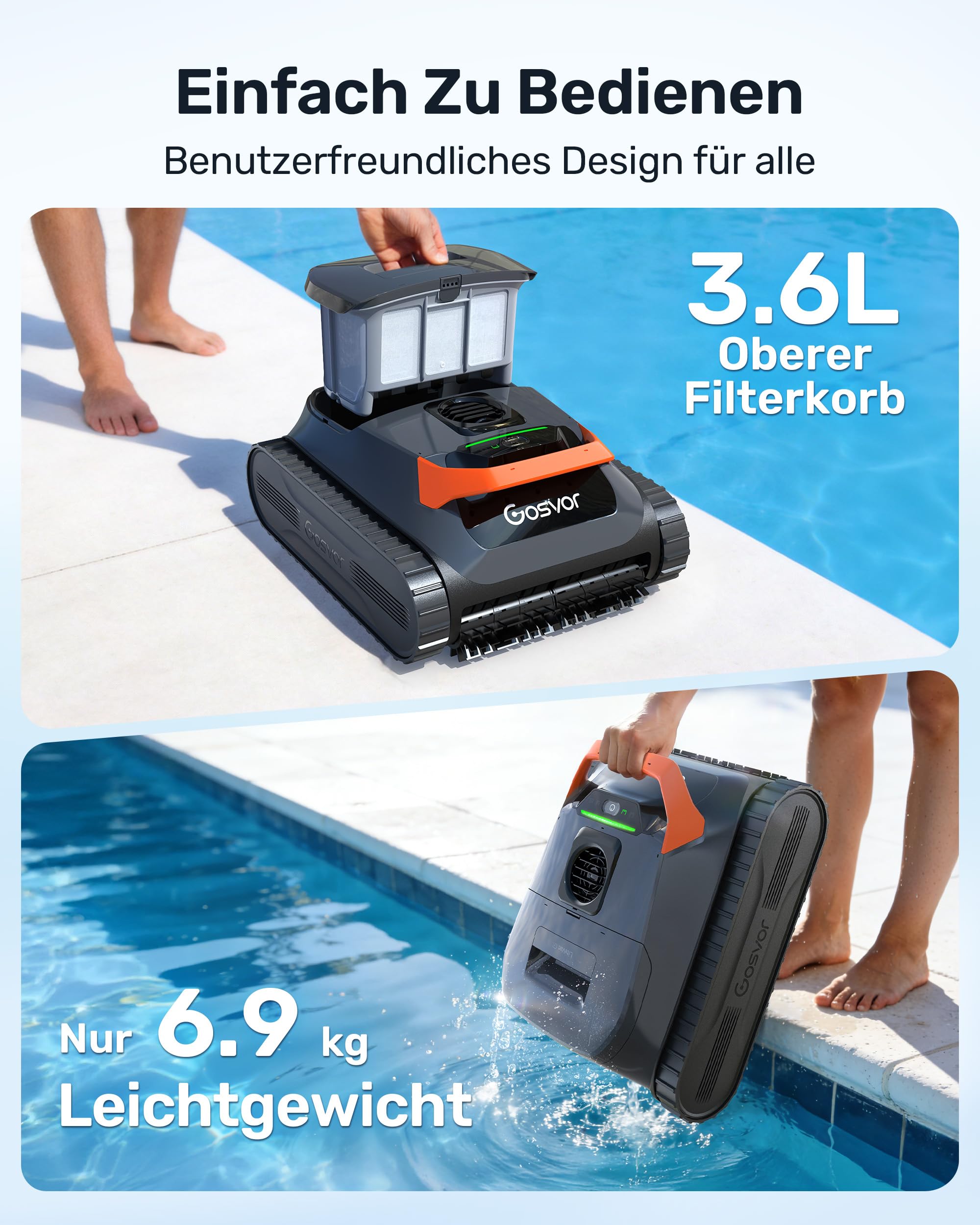 (2026 Upgrade) Gosvor LiteVac G1 4‑in‑1 Poolroboter für Wand, Boden, Wasserlinie und Flachzone, 3μm Ultrafeinfilter, bis zu 200 Min. Laufzeit, nur 6,9 kg, für Pools bis zu 200 m²
