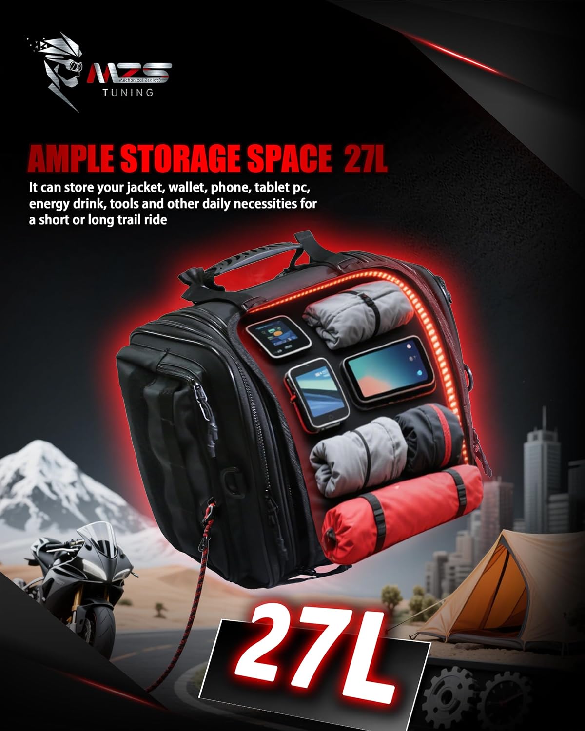 MZS Motorcycle Travel Luggage Bag, 27L Expandable Motorcycle Tail Bag Rack Trunk Saddle Storage, Motorbike Rear Seat Bag With Shoulder Strap Waterproof Rain Cover - Image 3