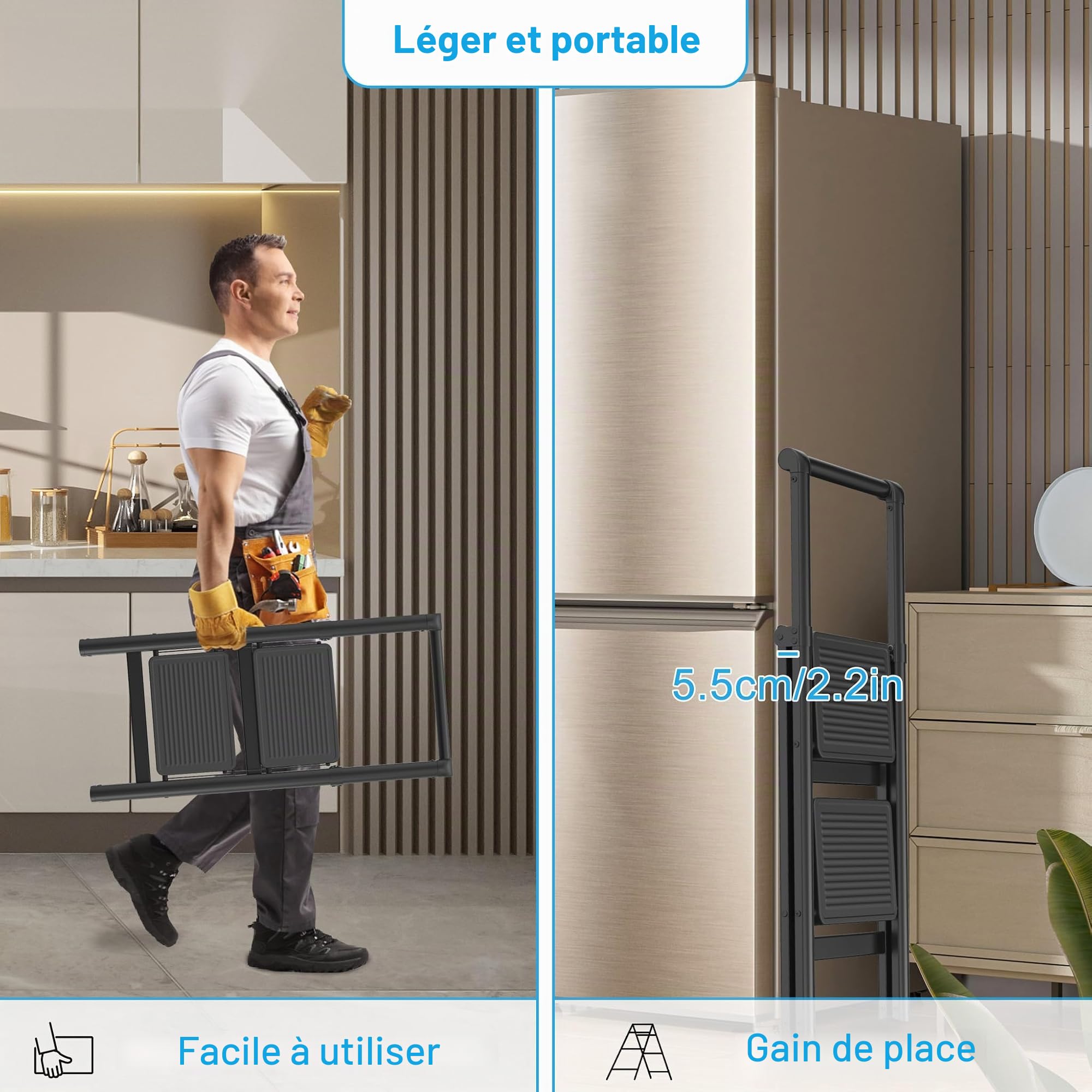 Froadp Escabeau pliable à 2 marches - Antidérapant - En fer - Multifonction - Avec main courante - Pour la maison, la cuisine et l'extérieur - Charge maximale : 250 kg