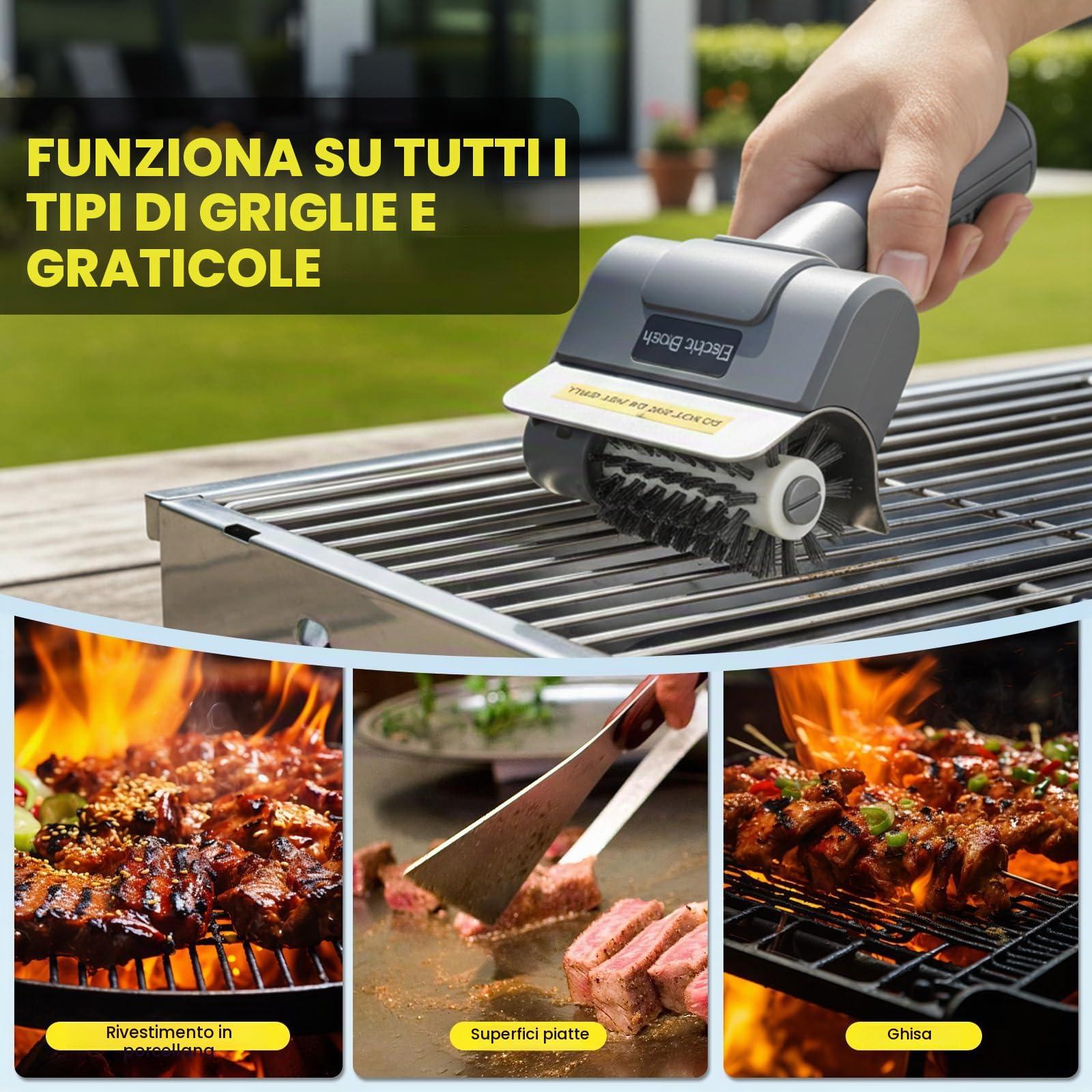 Spazzola Elettrica per Barbecue, Senza Fili Ricaricabile con Testa in Acciaio Inox, 1 Testa di Ricambio Inclusa, 350 giri/min, 60 minuti di Autonomia, per Griglie a Gas, Carbone, Smoker