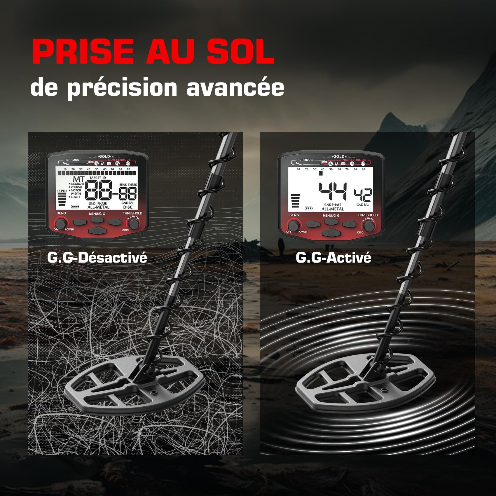 DR.ÖTEK Detecteur de Metaux Professionnel, Détecteur de Métaux Précis et Innovant Équilibrage au Sol, 5 Modes, Bobine Double-D Étanche 12", pour la Recherche d'or sur Plage (MT12-Set Rouge)