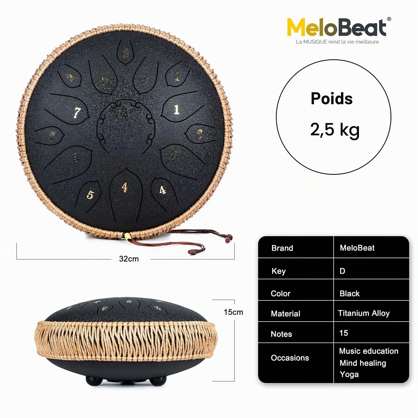 MeloBeat Tongue Drum Handpan - Tambour à Langue 12 Pouces 15 Notes - Ensemble Professionnel de Tambour a Langue en Acier en Ré Majeur Inclus Livre de Chansons de Tambour à Langue, D key (Noir)