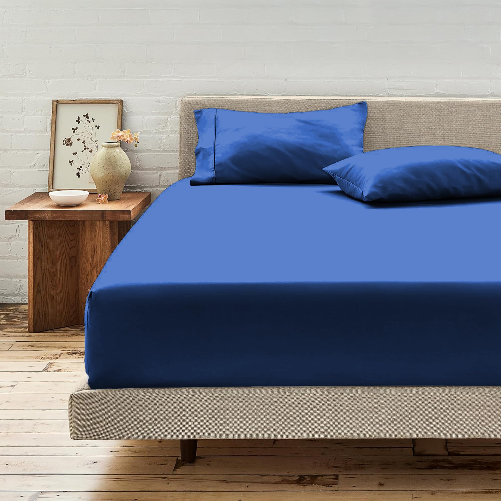 LINENWALAS 100% Cotton Percale Fitted Bed Sheet with Pillow Cover | Soft, Cool & Crisp Hotel Quality Elastic Bedsheet | Single Bed Size - 300 TC (36x78 Inches, Cobalt Blue)