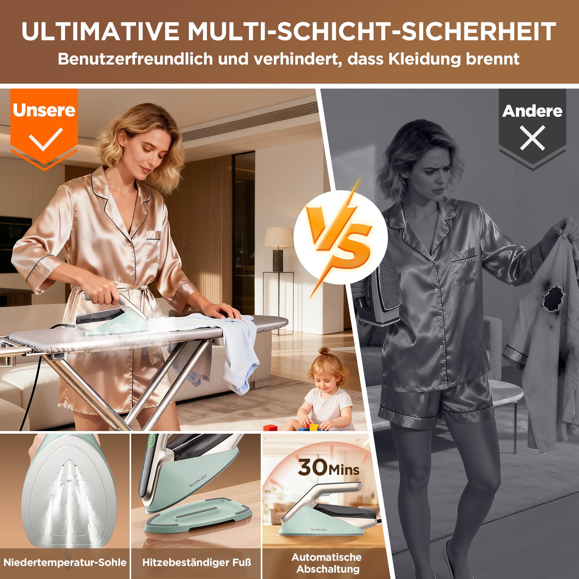Newbealer Dampfbügeleisen 2400W Turbo - 350 ml abnehmbarer Wassertank, max. 32 g/min Dauerdampf, 200 g Dampfstoß, 4 Dampfstufen, Automatische Abschaltung & Selbstreinigung, Grün