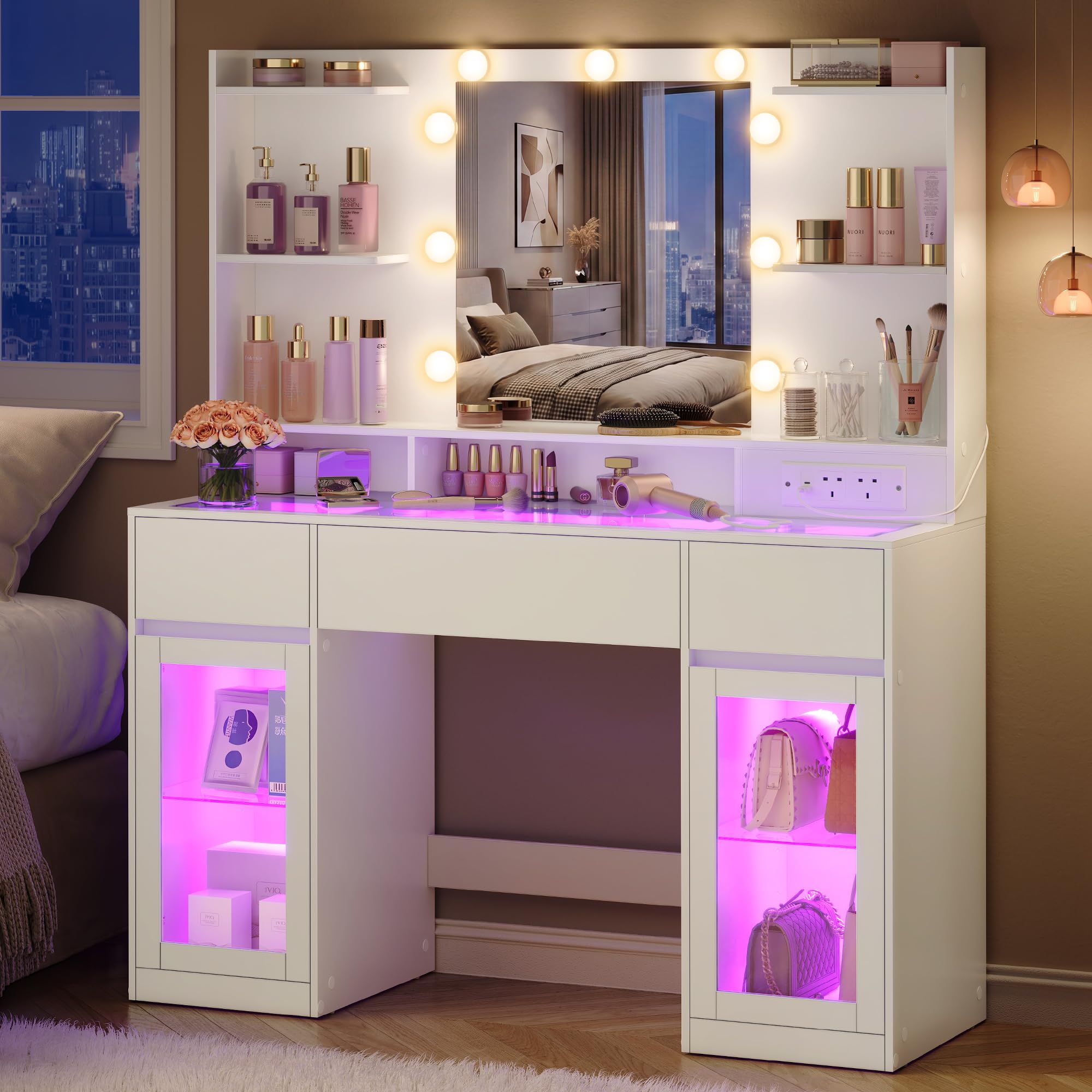 VASAGLE KAILYN Collection - Dressing Table with LED Lights, Power Outlets, Modern Vanity Table with Light Strip, 3 Drawers, 2 Cabinets, Transparent Top, 8 Storage Shelves, Cloud White RDT145WB02