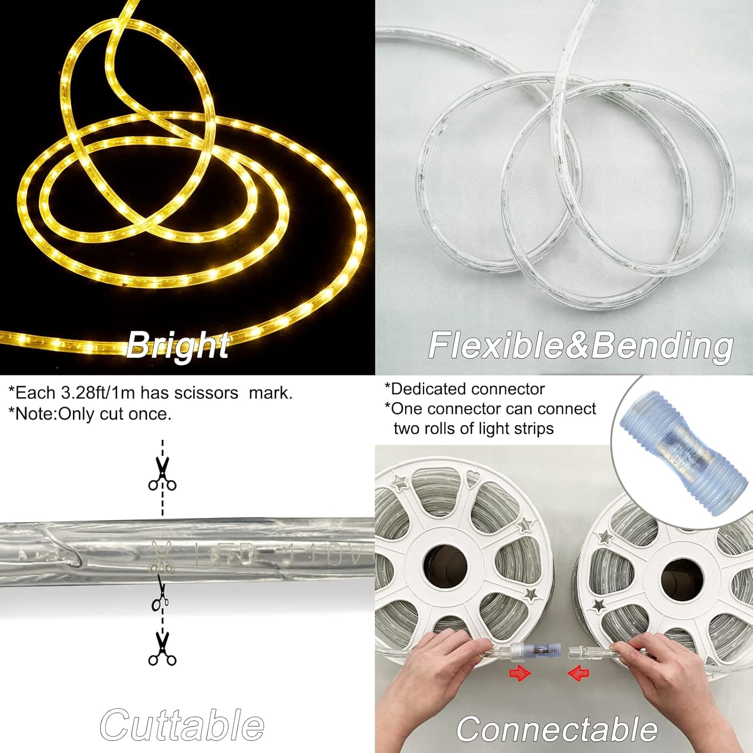 SURNIE 150FT LED Rope Lights Outdoor: Waterproof Flexible 110V 3000K Warm White LED String Light - Cuttable Connectable Clear Lighting Tube for Indoor Stairs Patio Garden Party Decor, Not Flat Strip - Image 4