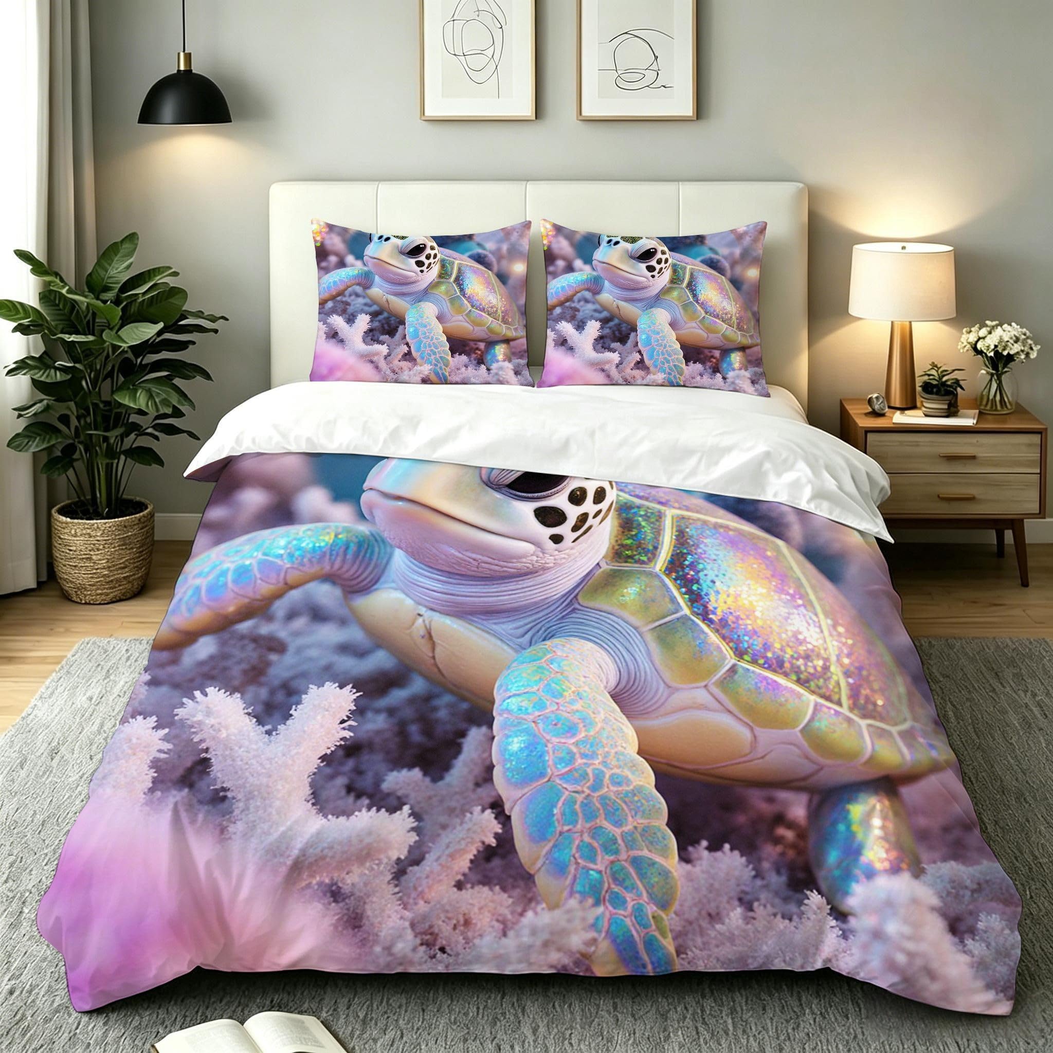 Parure de lit tortue rose 160x200 en microfibre premium avec fermeture éclair cachée