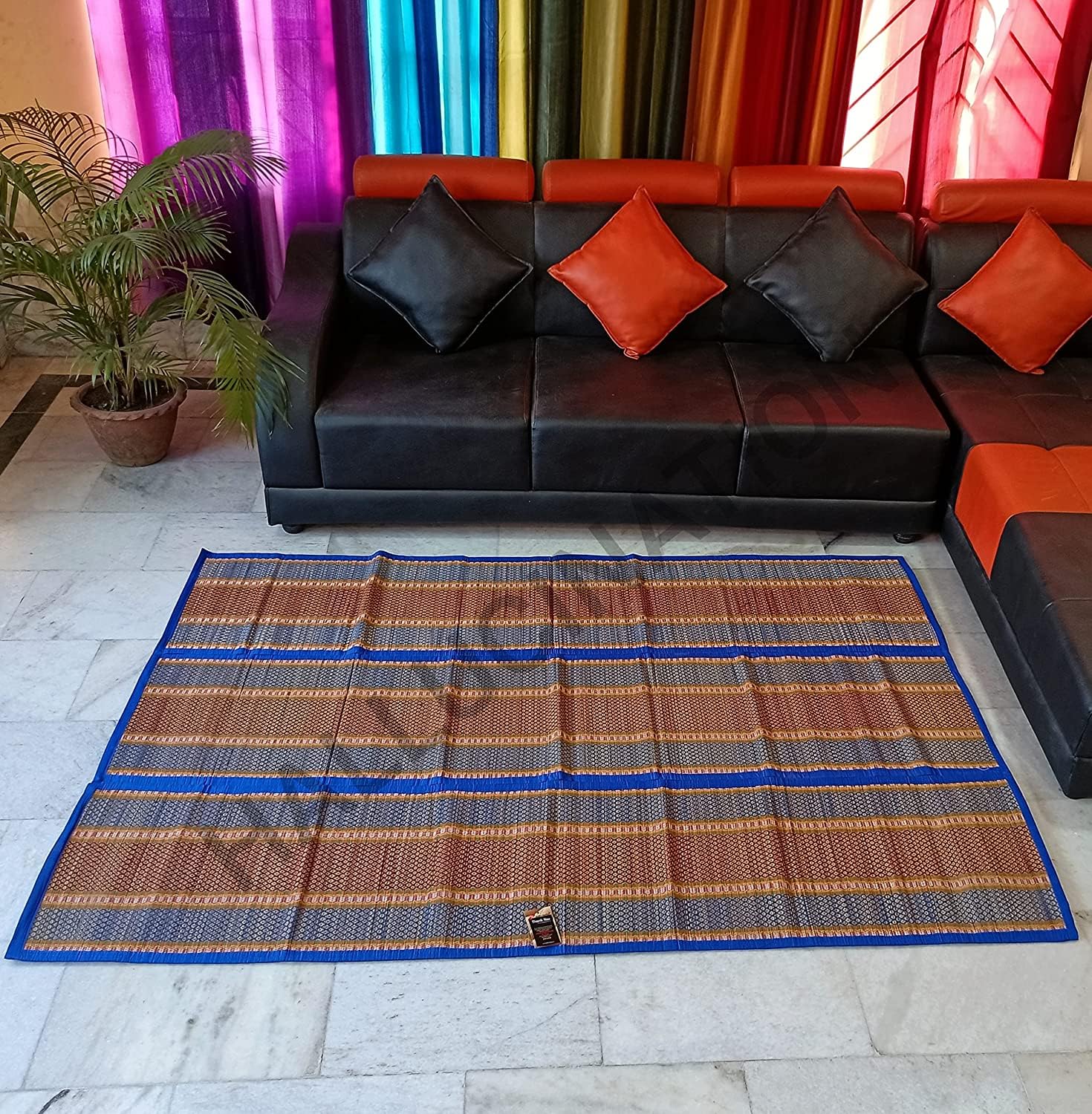 HALLUCINATION Chatai Mats for Home Sleeping on Floor Single Double King Queen Size Natural Dried Korai Pai Grass Made Yoga Mat (Blue3, Queen)