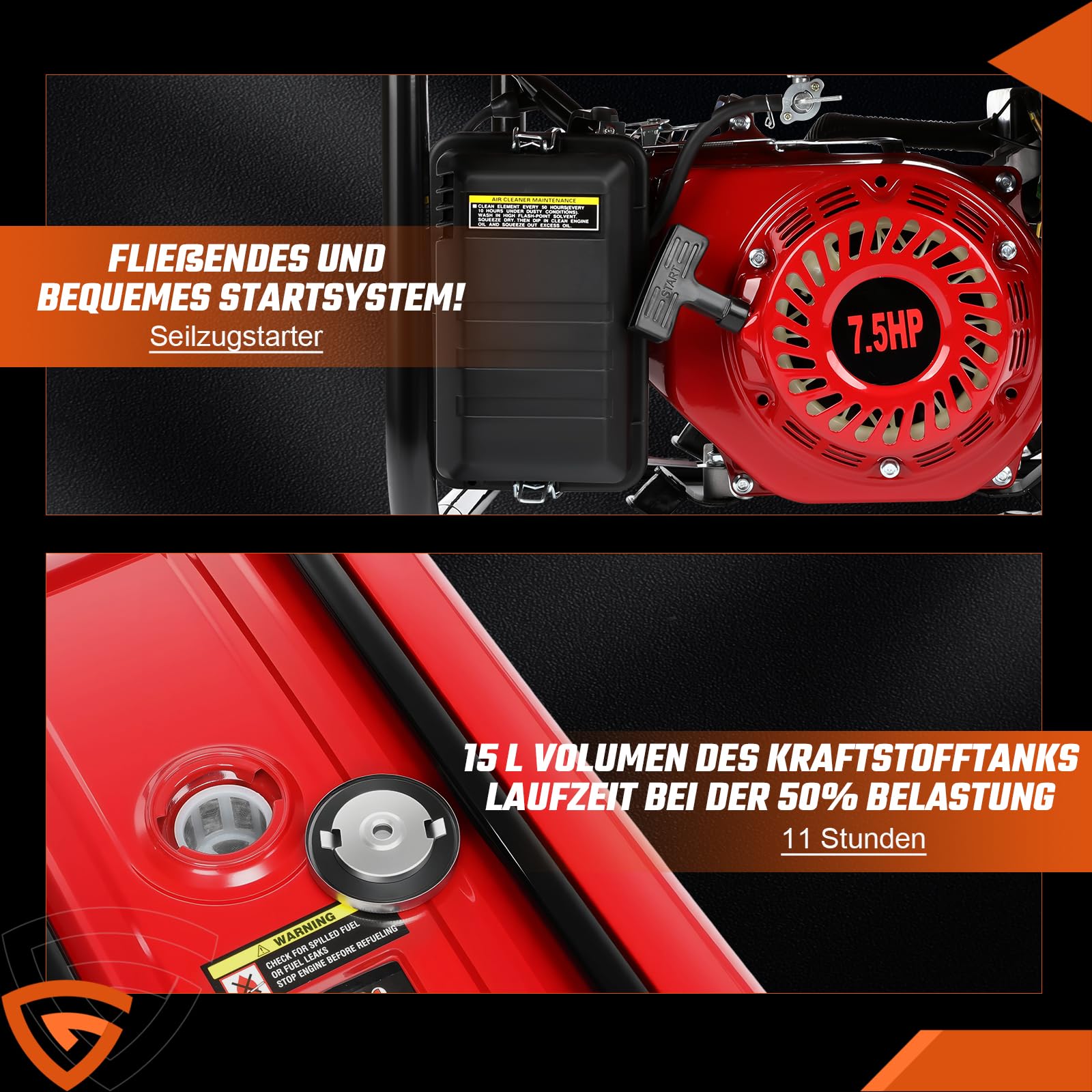 Benzin Notstromaggregat 6500W Max 3000W Dauerleistung, 7,5 PS Stromgenerator mit 4-Takt OHV-Motor AVR-Spannungsregelung 5 Steckdosen 3x 230V, 1x 400V und 1x 12V, für Baustelle, Werkstatt und Garage